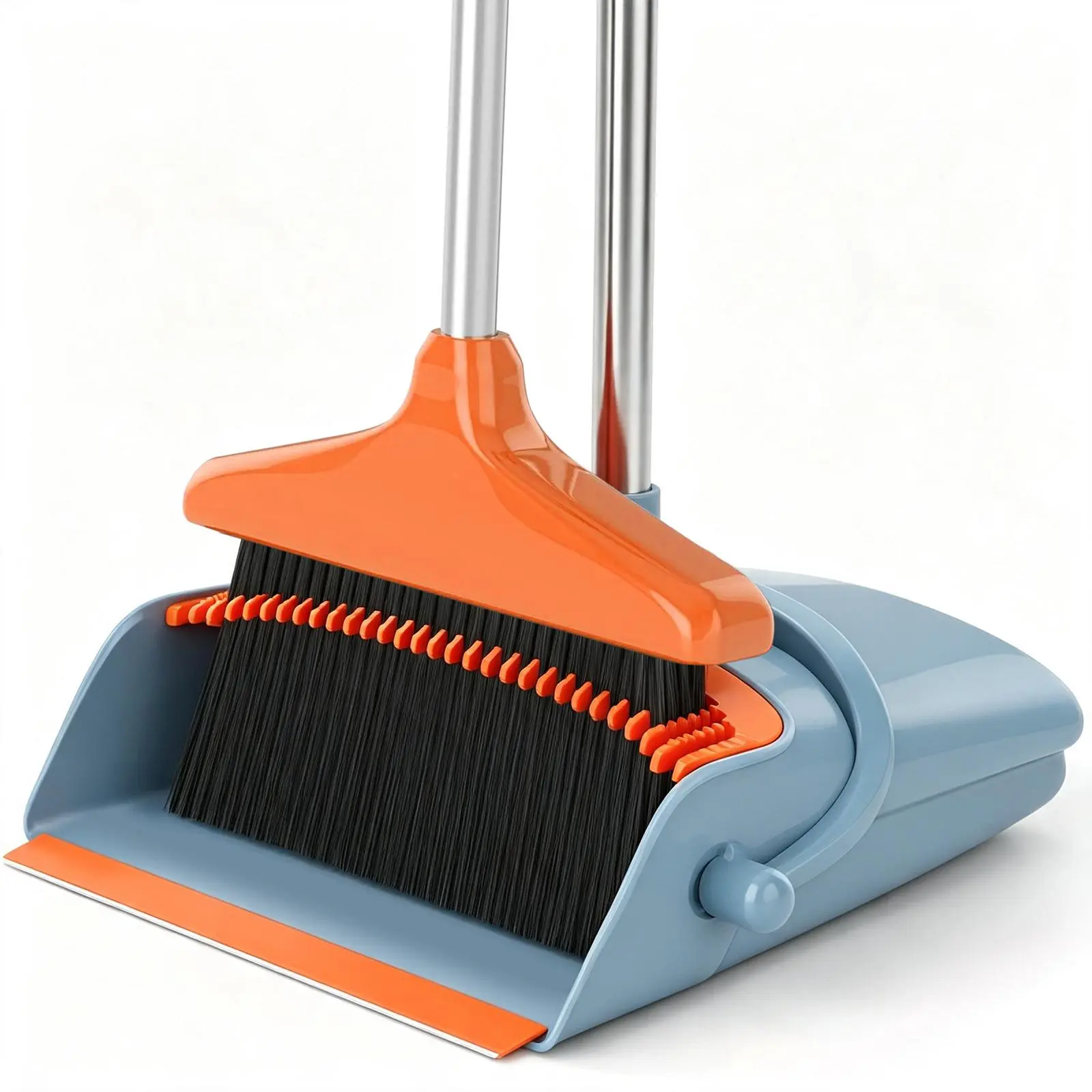 Nifogo Broom and Dustpan Set, 45.7-in Long Adjustable Handle Broom Dustpan Combo with Dustpan Teeth to Automatically Clean Hair Suitable for Home Kitchen Office Hall Floor(Grey-Orange)