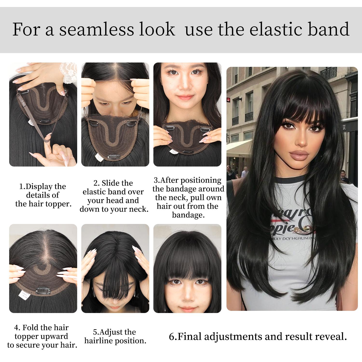 ONLYCUTE Hair Topper with Bangs 18 inch Synthetic Slightly layered Hair Piece No Wig Cap Required Large Hair Piece Natural Invisible hair toppers for Women