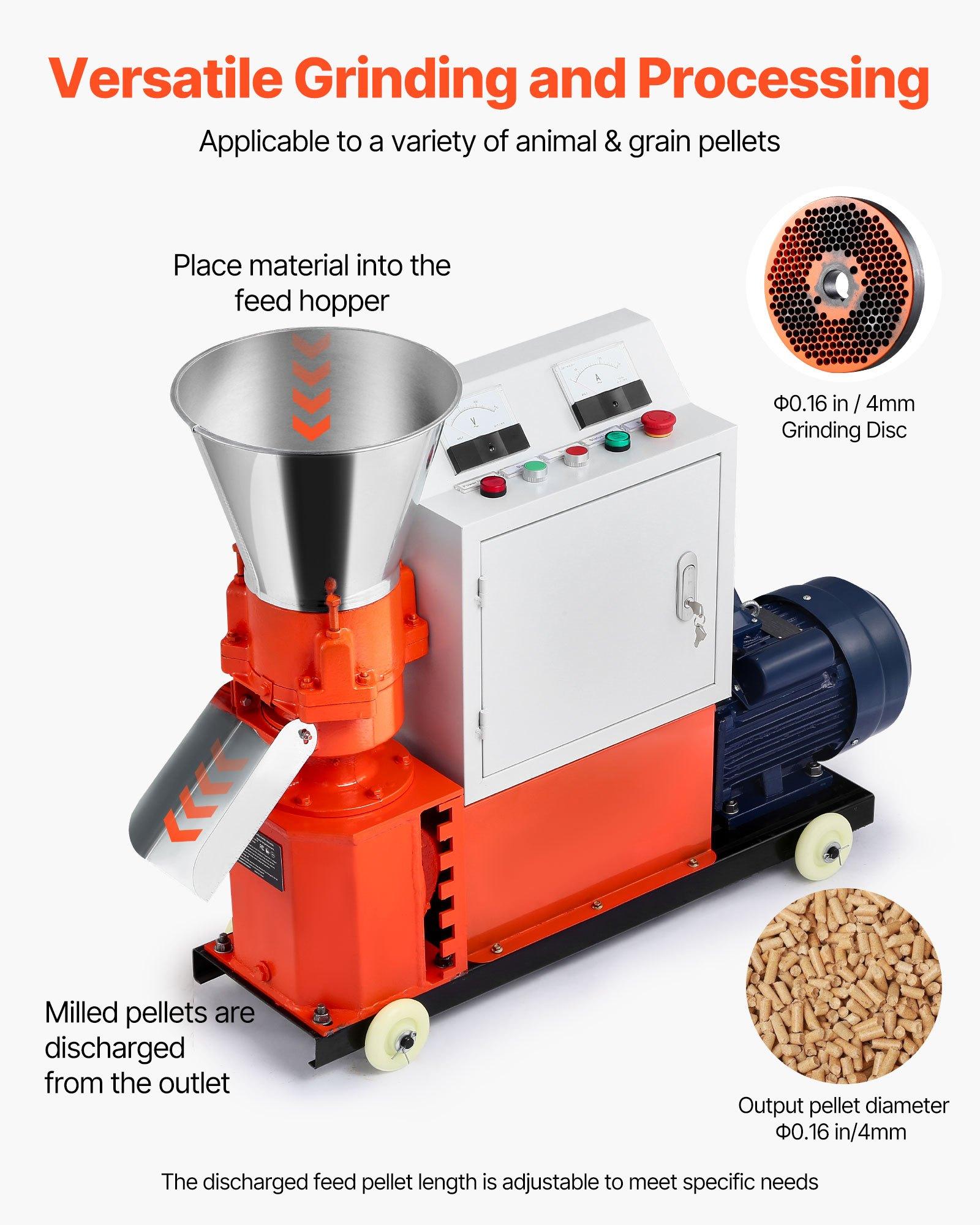 VEVOR Feed Pellet Mill Machine, 4 mm Animal Feed Pellet Making Machine, 3KW 240V Animal Food Granulator Mill Machines with 3 Pressure Rollers 4 Wheels, Ideal for Poultry, Livestock, Farm Animals