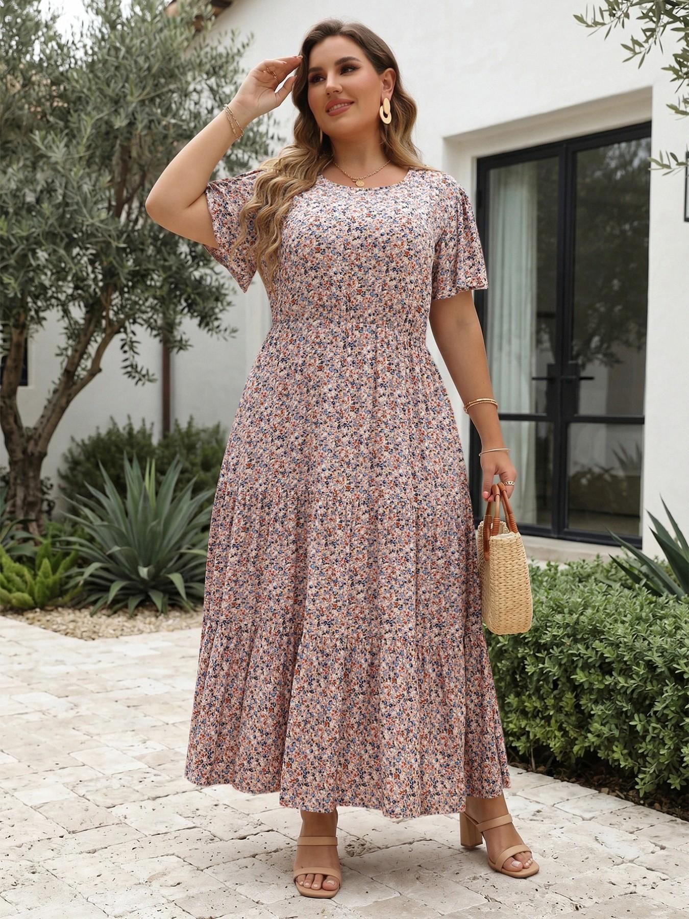 Women's Plus Size Ditsy Floral Print Pocket Ruffle Hem A Line Dress, Summer Clothes  Women, Boho Casual Butterfly Sleeve Long Dress, Women's Clothes For Holiday  Vacation, Summer Outfits 2024, Casual Wear -