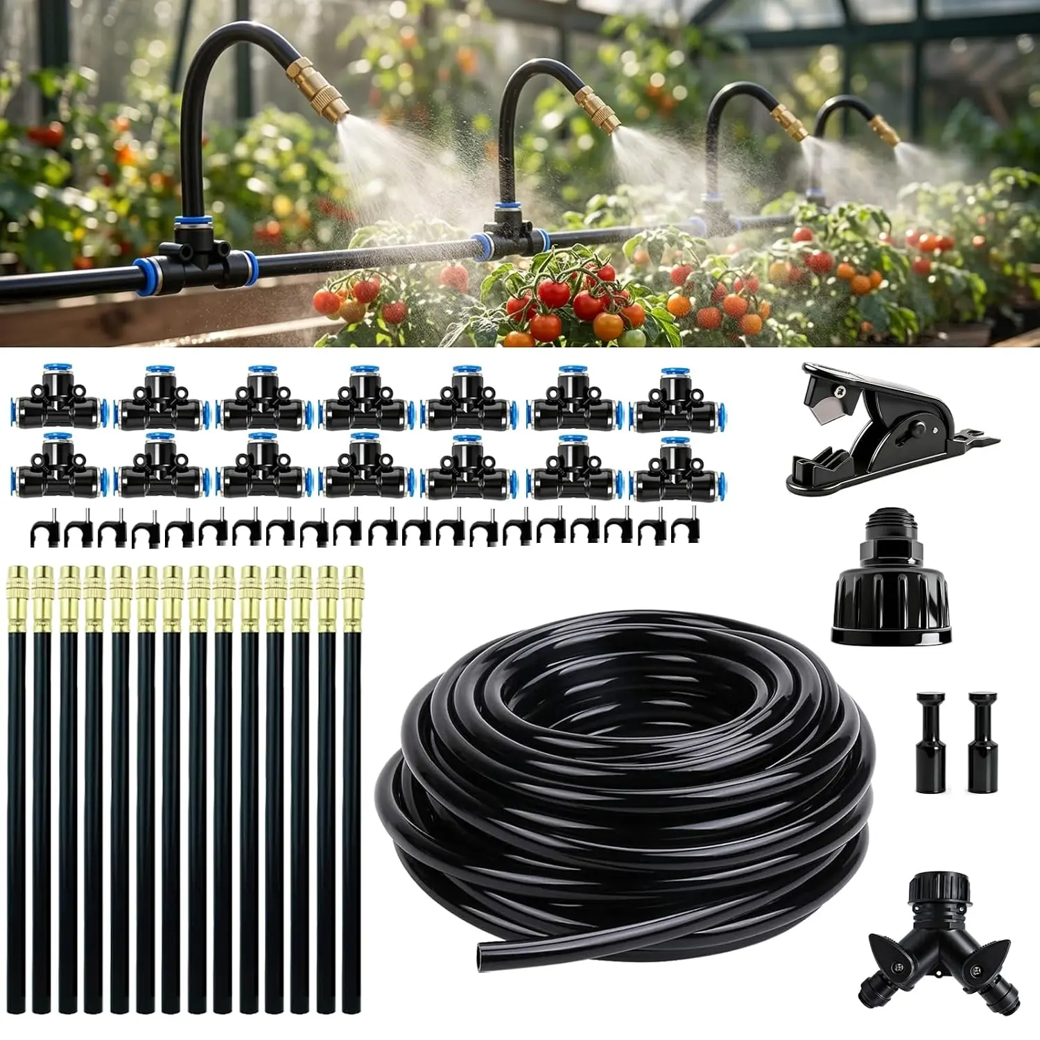 2026-Upgrade 100Ft 1/4" Drip Irrigation System,Garden Watering Kit with 20 count 360° Adjustable Copper Nozzles,Automatic Atomizing Sprinkler,DIY for Outdoor,Lawn,Greenhouse,Raised Beds (50FT/14pcs)