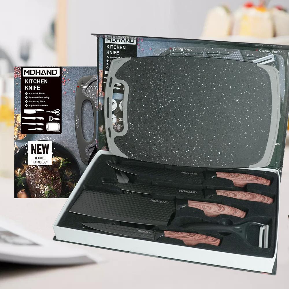 Professional 7pcs Kitchen Knife Set - Chef's Knife, Slicing Knife, Scraper, Scissors and Cutting board - High Carbon Stainless Steel with Ultra-Sharp Blades, Non-Stick Ergonomic Wooden Handles - Ideal for Home, Travel, and Gift Box Set#Summervibes