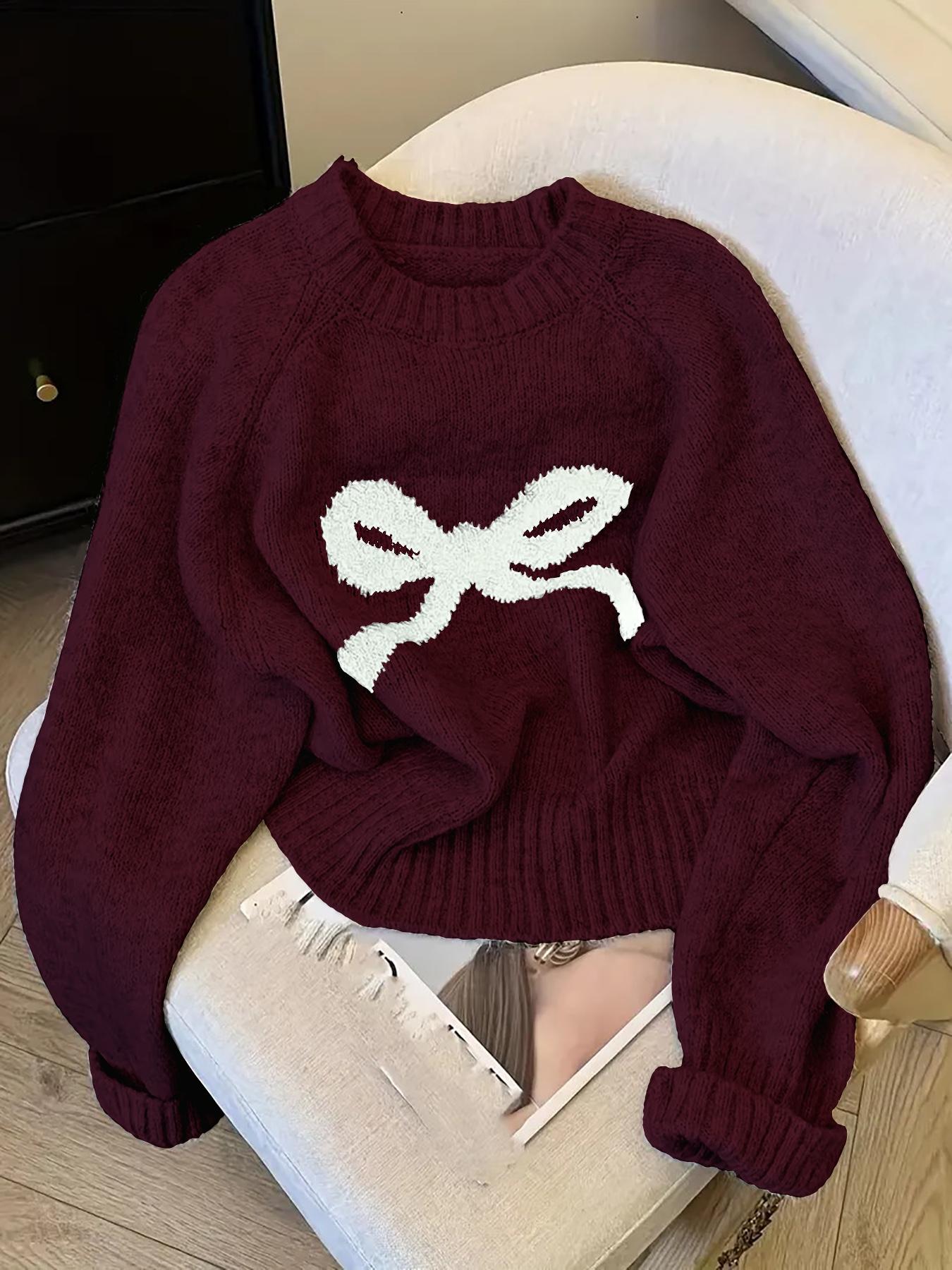 Women's Butterfly Knot Round Neck Sweater, Fall & Winter Thick Knit Top, Sweet Style Loose Fit, Elegant Cardigan for Valentine's Day, Womenswear, Knitwear
