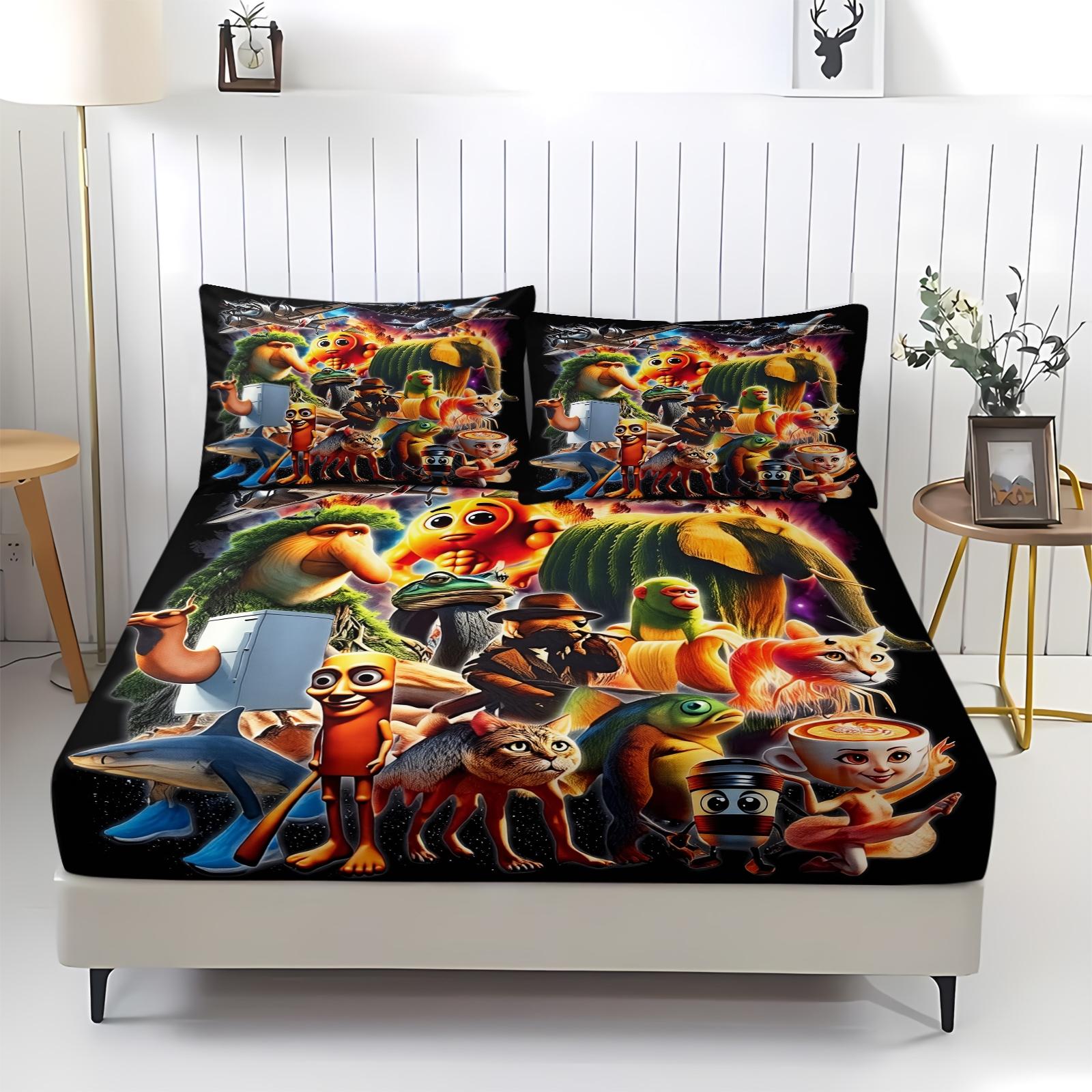 3-Piece Set Of Brain Rot Patterned Bed Sheets, Including 1 Bed Sheet And 2 Pillowcases, Comfortable Bedding, Non Slip Suitable For Bedrooms, Suitable For Gifts For Teenagers And Adults