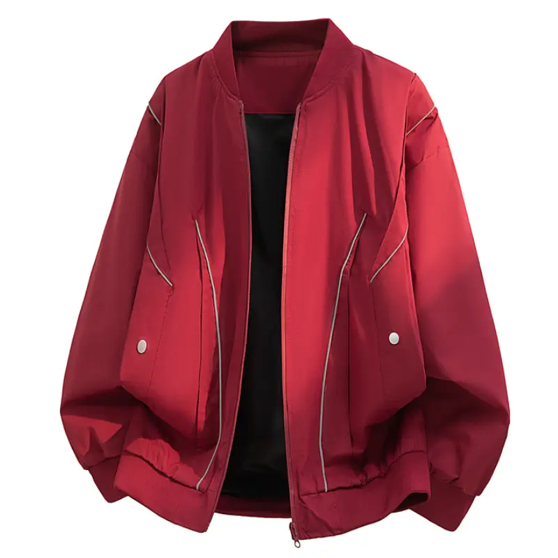 Men’s Spring Autumn Baseball Collar Bomber Jacket, Contrast Stitch Line Decoration, Zip Closure, Side 3D Pockets With Rivet Details, Loose Drop Shoulder Fit, Elastic Cuffs & Hem, Sturdy Fabric, Suitable For Daily Commuting And Street Casual Wear, Polyeste