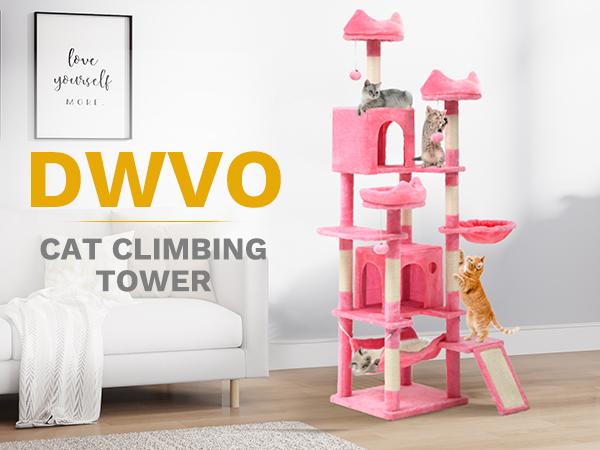 DWVO Tall Cat Tree for Indoor Cats, 75 inch Multi-Level Cat Tower with Cat Condos, Top Perches, Sisal Ramp Scratching Posts, Cozy Basket,Hammocks, Large Cat Pet Activity Structure