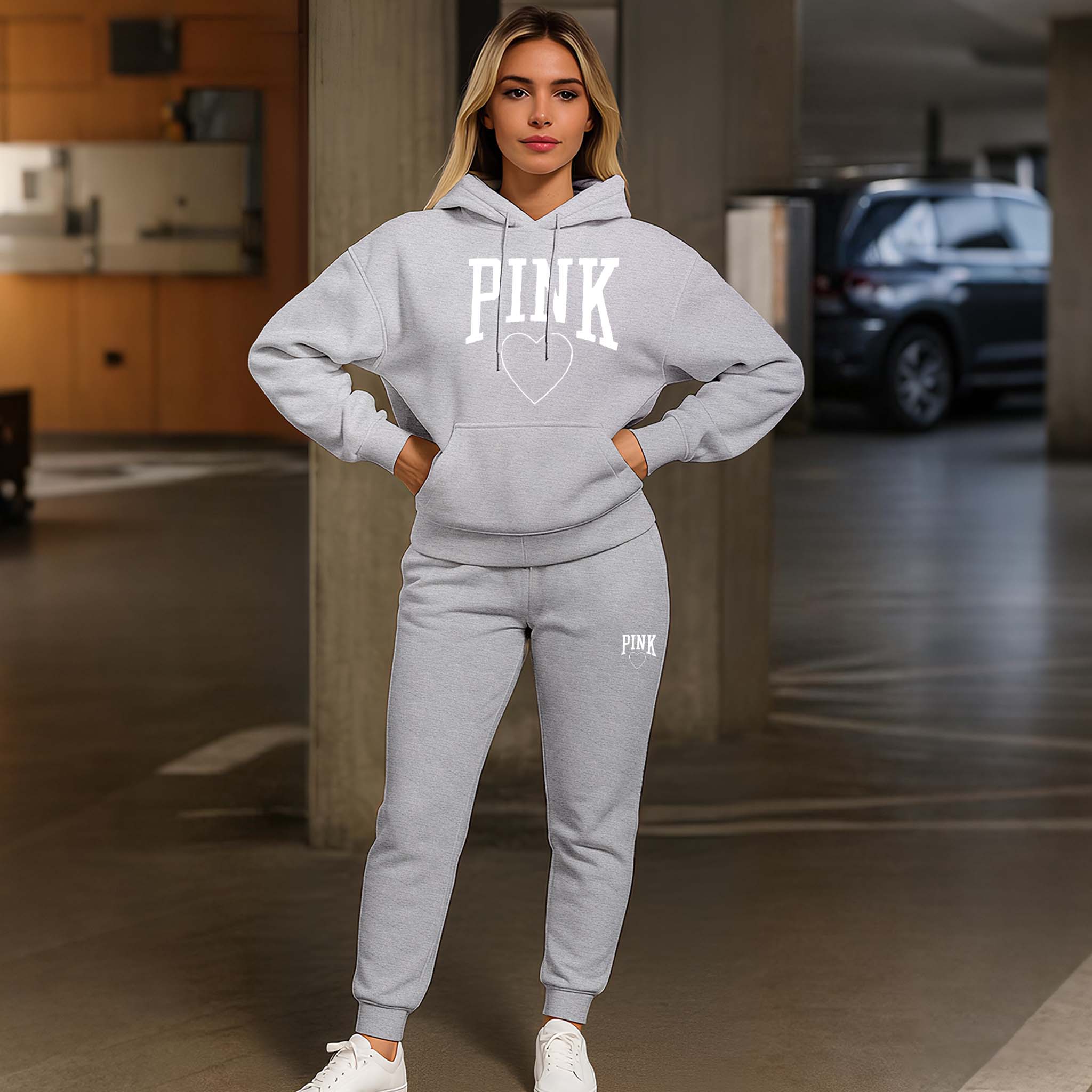 Women's Pink Heart Print Hoodie & Drawstring Track Pants Set, 100% Polyester, Loose Fit, Casual Sportswear for Autumn & Winter, Everyday Wear, Indoor & Outdoor Women's Pink Heart Print Hoodie & Drawstring Track Pants Set, 100% Polyester, Loose Fit, Casual Sportswear for Autumn & Winter, Everyday Wear, Indoor & Outdoor