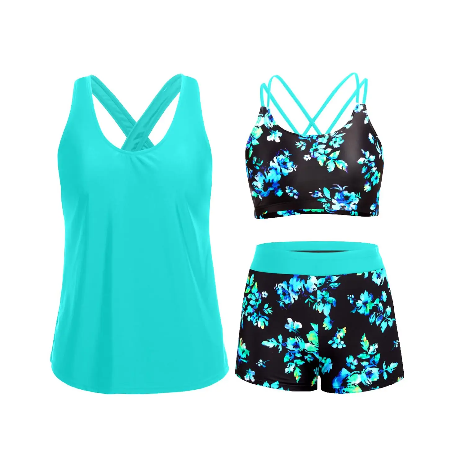 Holipick Three Piece Tankini Set Swimsuits for Women Bathing Suits Swim Tank Top with Bra Boy Shorts Teens Girls Swimwear