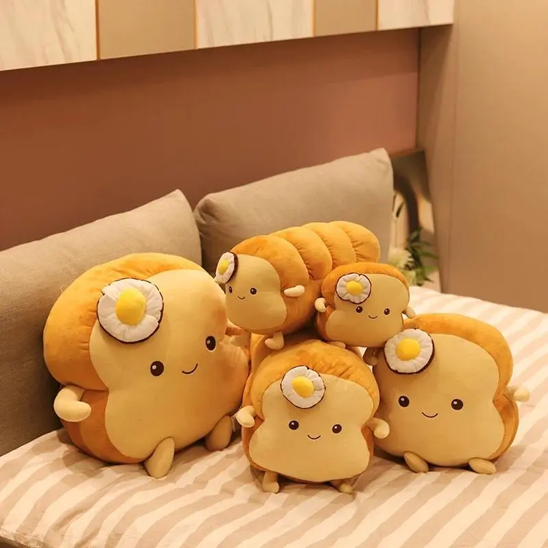 25/35cm Fried Egg Plush Sop Toast Bread Pillow Smiling Cute Burnt Brown Food Plushie Back Support Cushion Decor Appeasing Gift