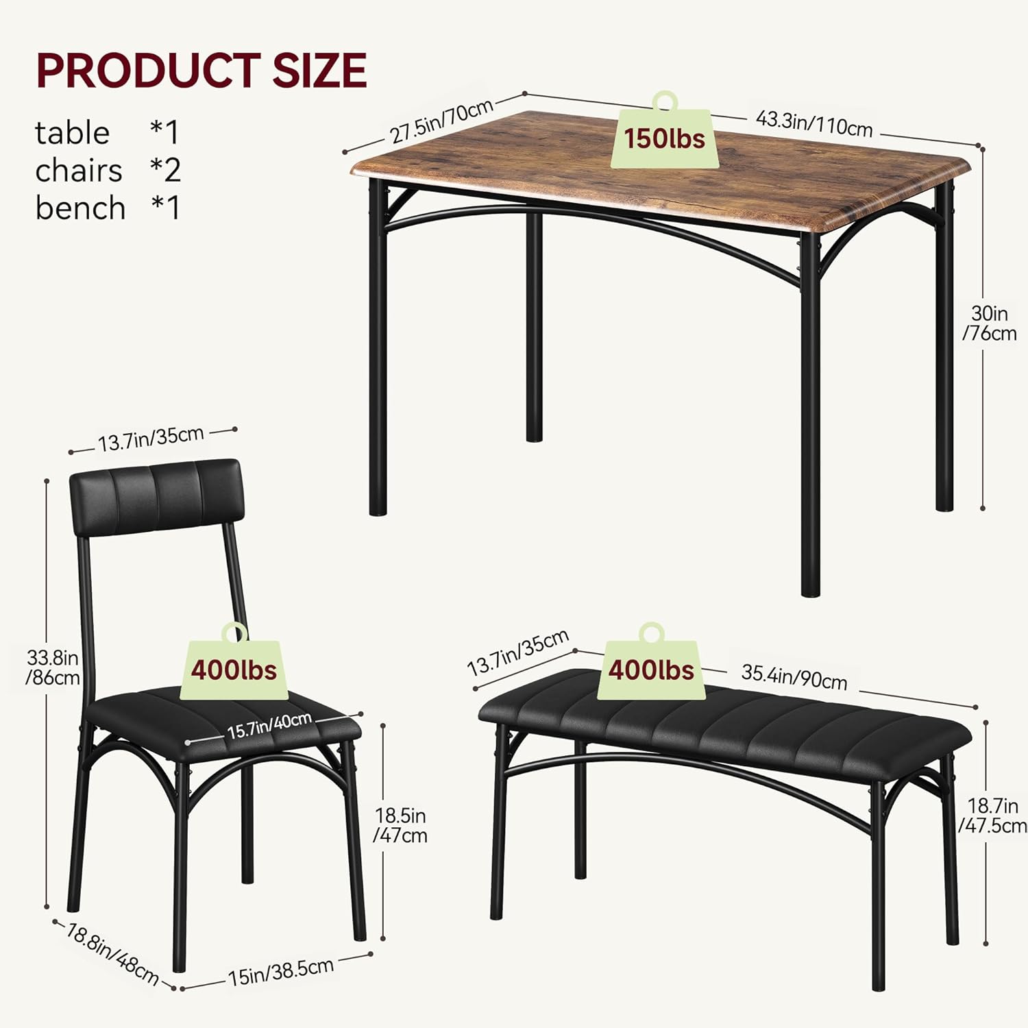 4-Piece Dining Set for 4 with Table, 2 Chairs & Upholstered Bench, Rectangular Wood Kitchen Table for Small Spaces, Apartments & Breakfast Nook