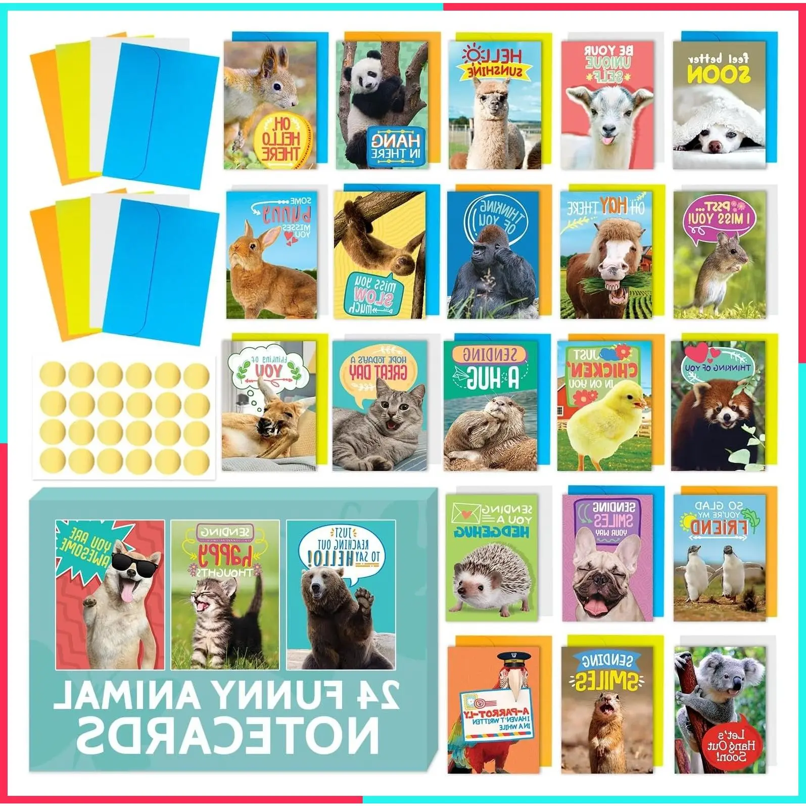 24 Funny Animal Greeting Cards - Humorous Designs with No Repeats - 4.5” x 6.25” Bulk Note Cards for Friends, Kids, Students, Teachers, Summer Camp and More