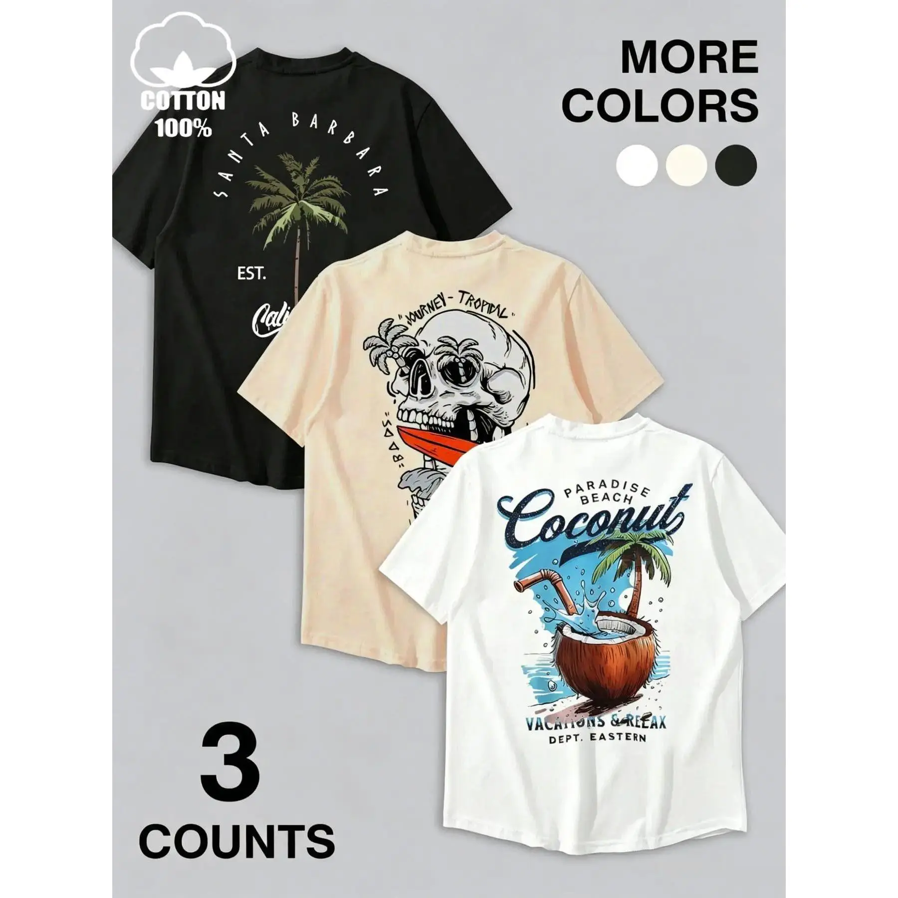 Large Size Men's 3-Pack 100% Cotton Loose T-Shirts, Tropical Print, Beach Palm Tree/skeleton Surf Short Sleeve, Summer Casual Streetwear Fashion