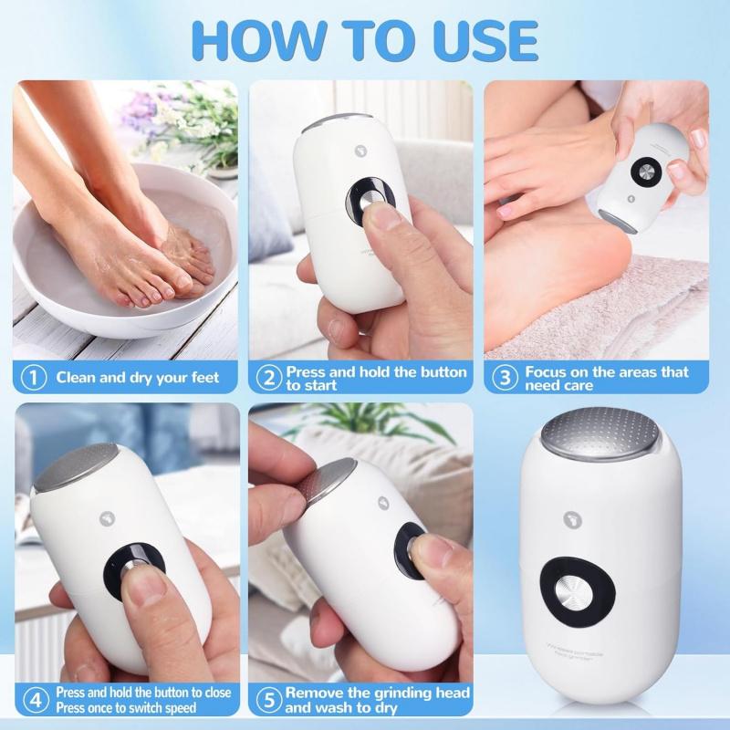 Electric Foot Callus Remover Grinder - Rechargeable Pedicure Tools Callus Remover for Feet Foot Scrubber File Foot Care with 3 Speeds 2 Stainless Nail Art Nail Cutics Cleansing White Manicure Set Long Lasting Salon Water Proof Cleanser