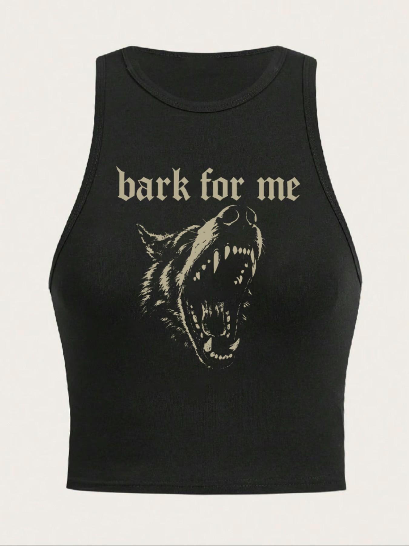 Women's Bark for Me Wolf Pattern Short Tank Top, Y2K Street Style Gothic Streetwear Sleeveless Shirt, Letter Print Collared Crop Top, Casual