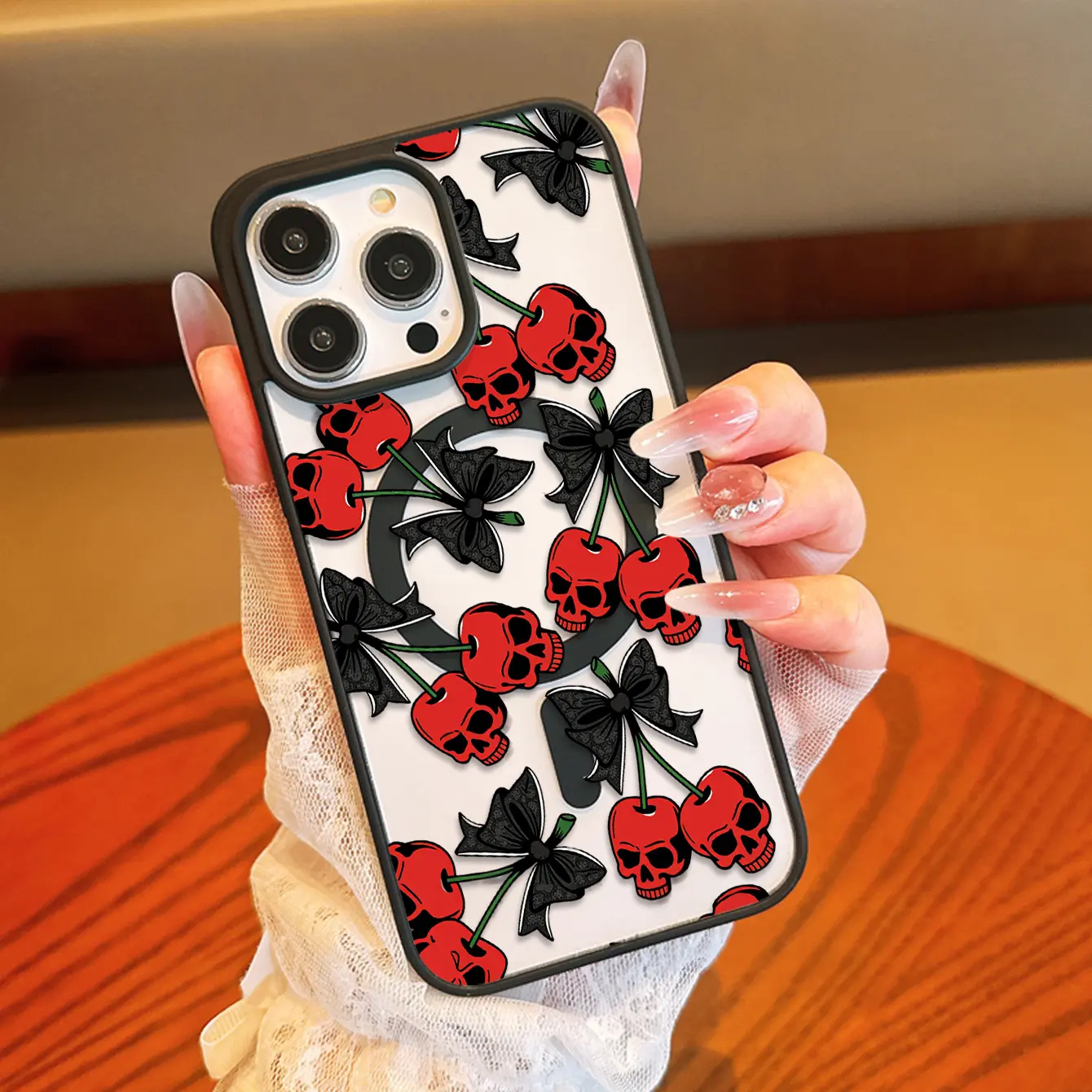 1pc Skull Bow Cherry UV Printed Printed Pattern Design Black Magnetic Phone Case, Soft TPU Protective Phone Case, Suitable for iPhone 1/16/15/14/13/12/11 Plus/Pro/ProMax/Air/X/SS/XSMAX and Samsung, Birthday Gift, Holiday Gift, Valentine's Day Gift