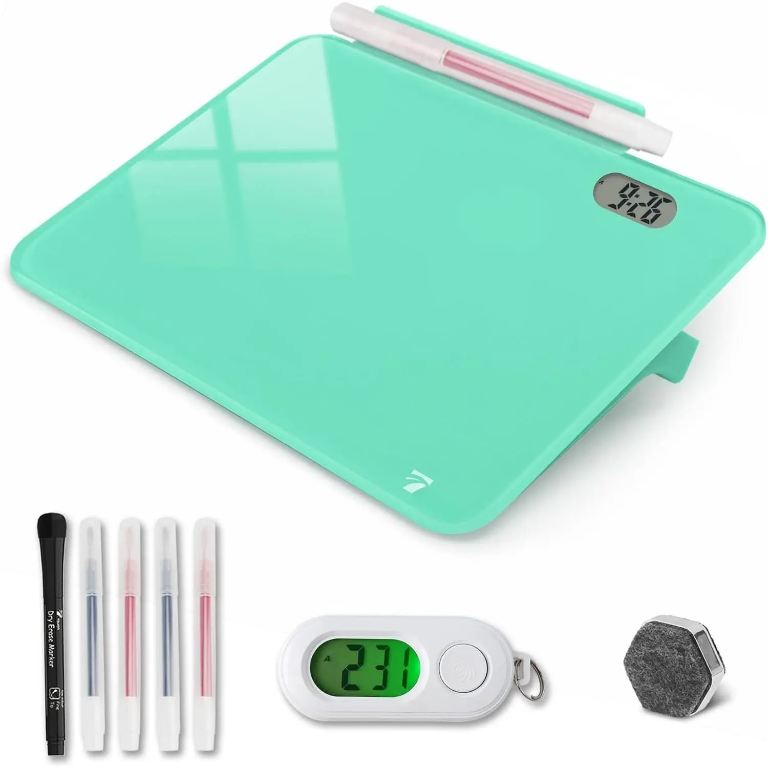Small Glass Desktop Whiteboard with Clock, Mini Pure Glass Dry-Erase, Mint | Small desktop whiteboard with LCD time reminder. Mini white board for desk for  office. Glass dry erase pad.