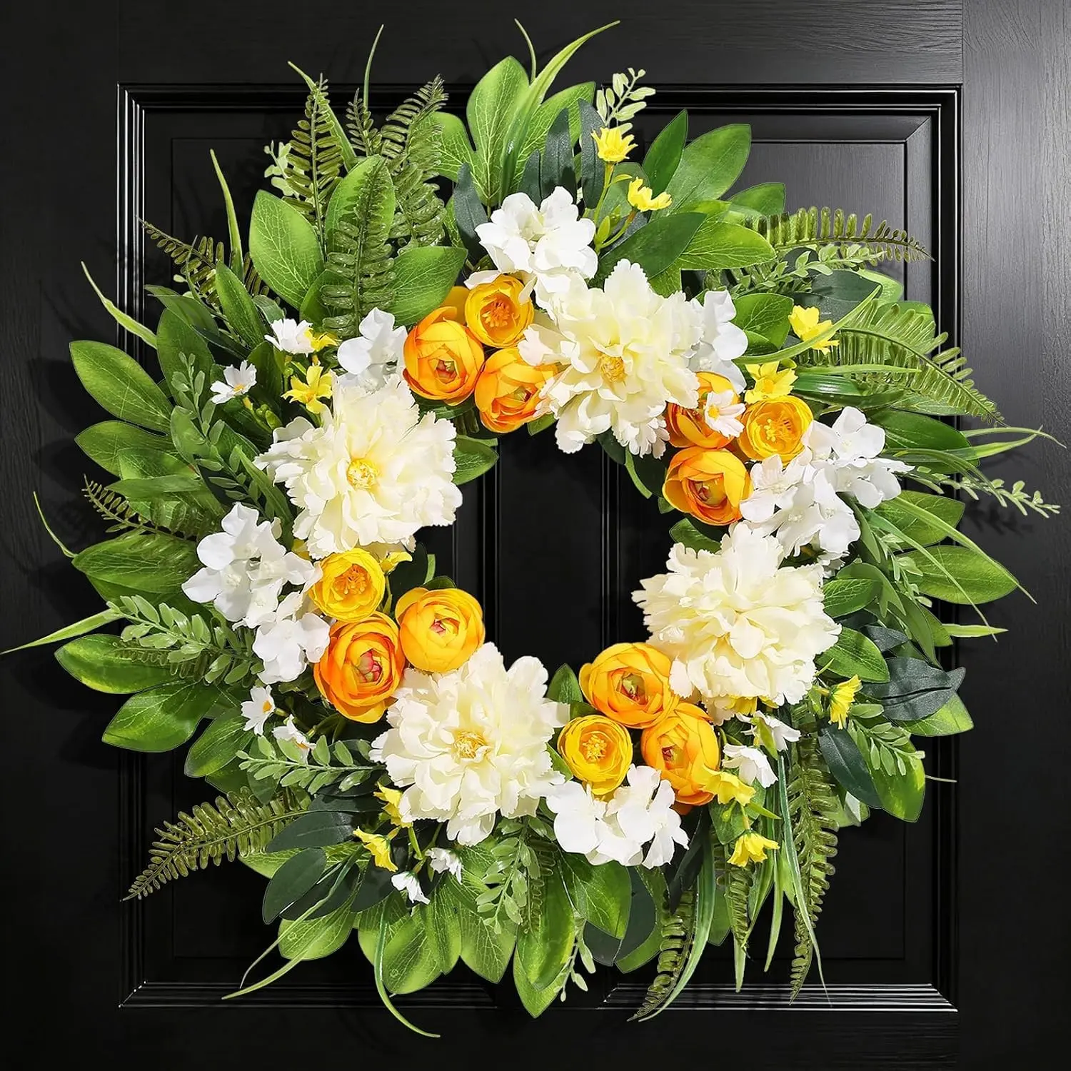 24 Inch Yellow & White Peony Ranunculus Wreath for Front Door, Porch, Farmhouse Decor All Seasons Fall DecorationGift