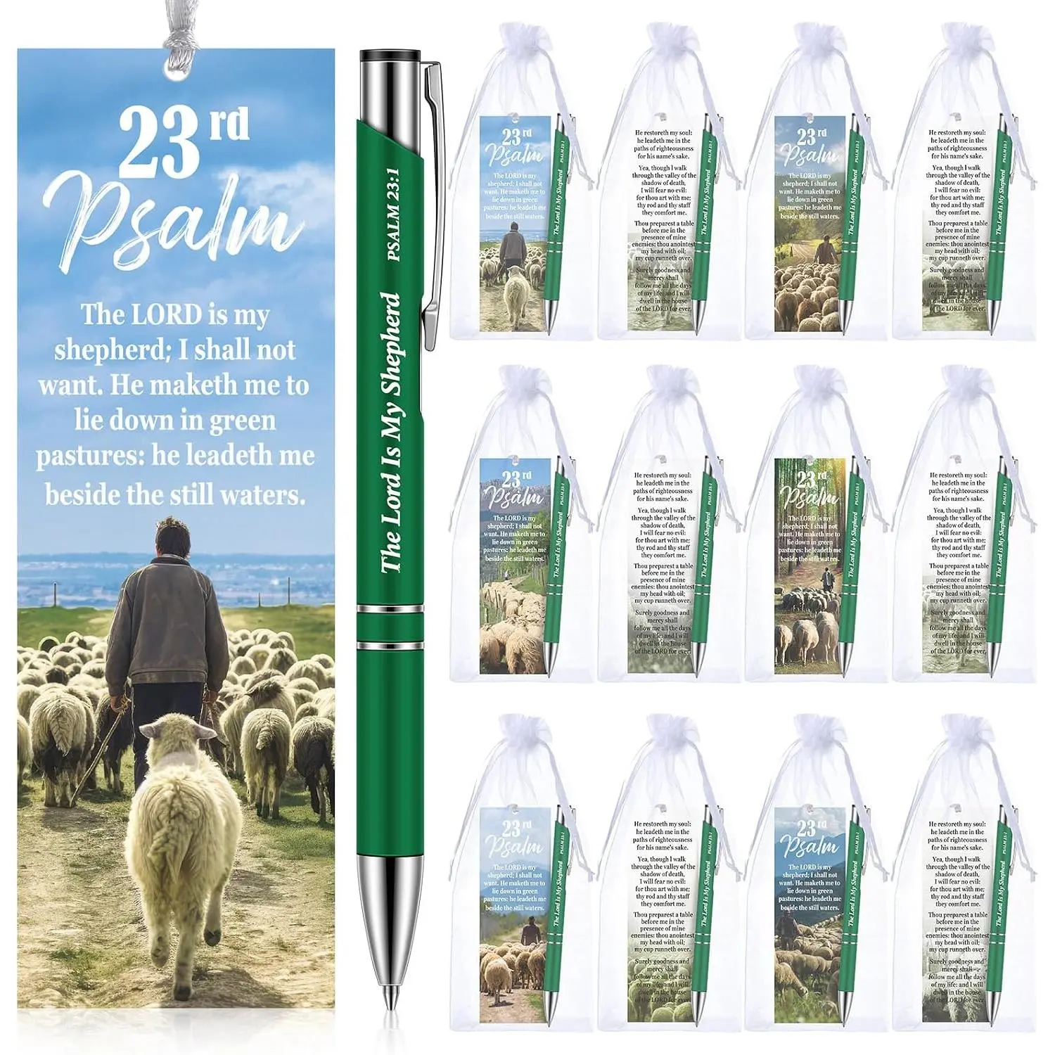 24 count/ 12 Sets Shepherd's Staff Bookmark Pen Set, Include 12 Religious 23rd Psalm Bookmarks, 12 Inspirational Religious Pens for Women Men Christian Gifts Church Party Supplies