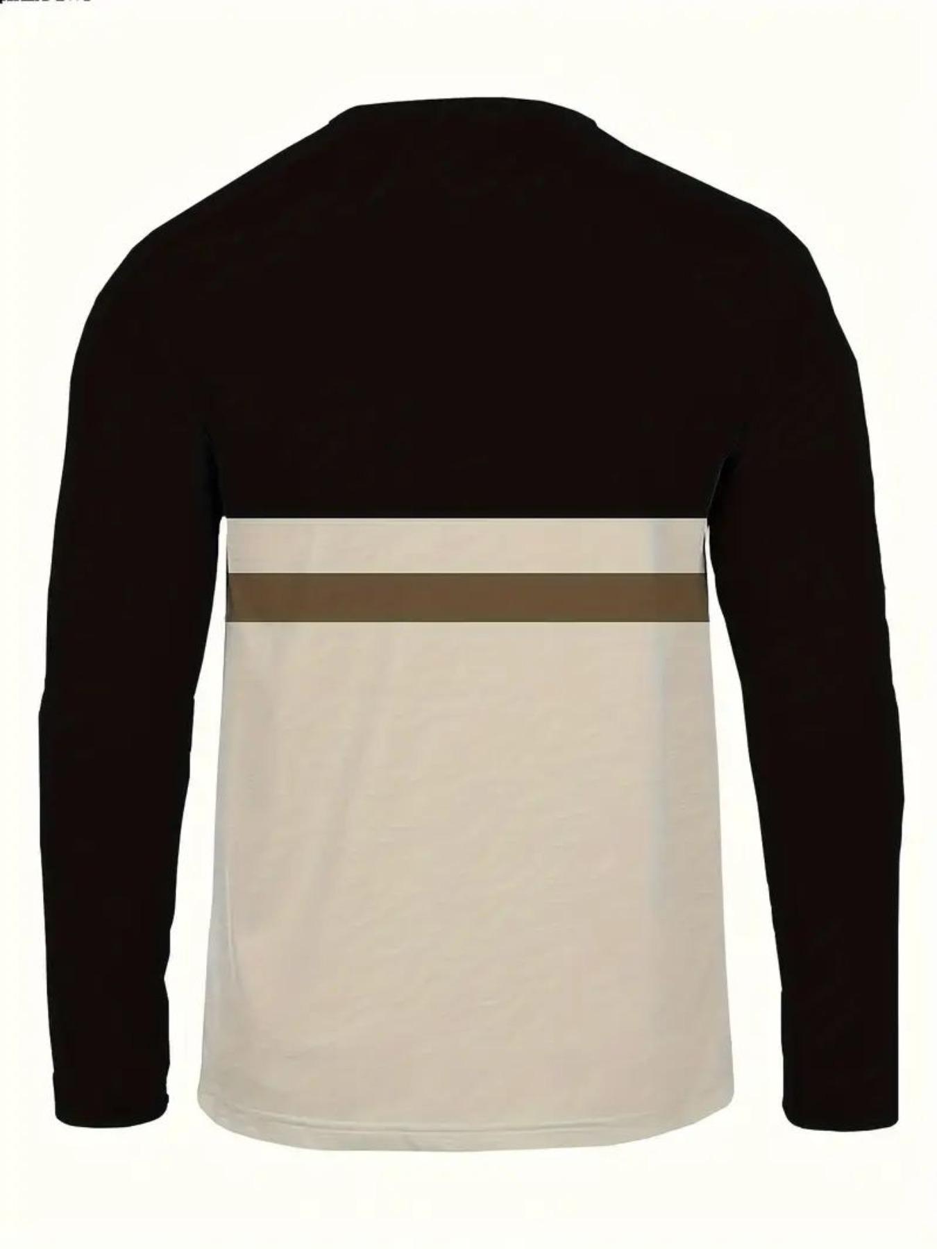 Men's Casual Long Sleeve Round Neck T-Shirt, Polyester Knit Fabric, Regular Fit, Striped Pattern, Fall & Winter Wear, Knitwear