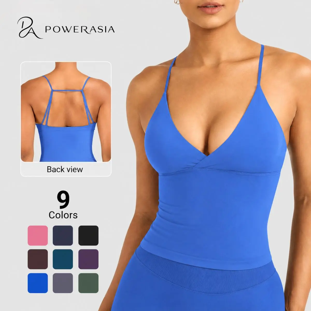 POWERASIA Women's Slim-Fitting Twist Front Longline Workout Tank Top - Sports Wear with Built-In Bra Pads, Elastic Spandex Nylon Blend, Seamless Camisole for All Seasons