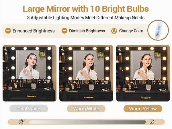 Sikaic Glass Top Makeup Vanity Set with Bench Lighted Mirror Charging Station Furniture Cosmetic Storage Drawer Modern Organization Aesthetic Design Minimal