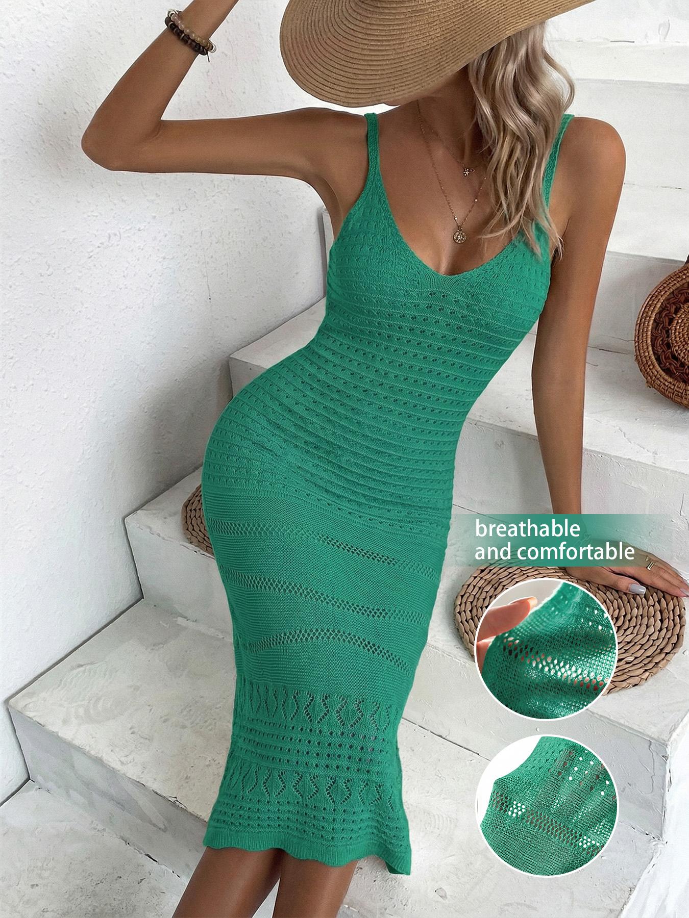 Women's Elegant V-Neck Sleeveless Spaghetti Strap Long Dress, Casual Chic Summer Fashion, Split Thigh Design, Plain Pattern, Fitted Beachwear