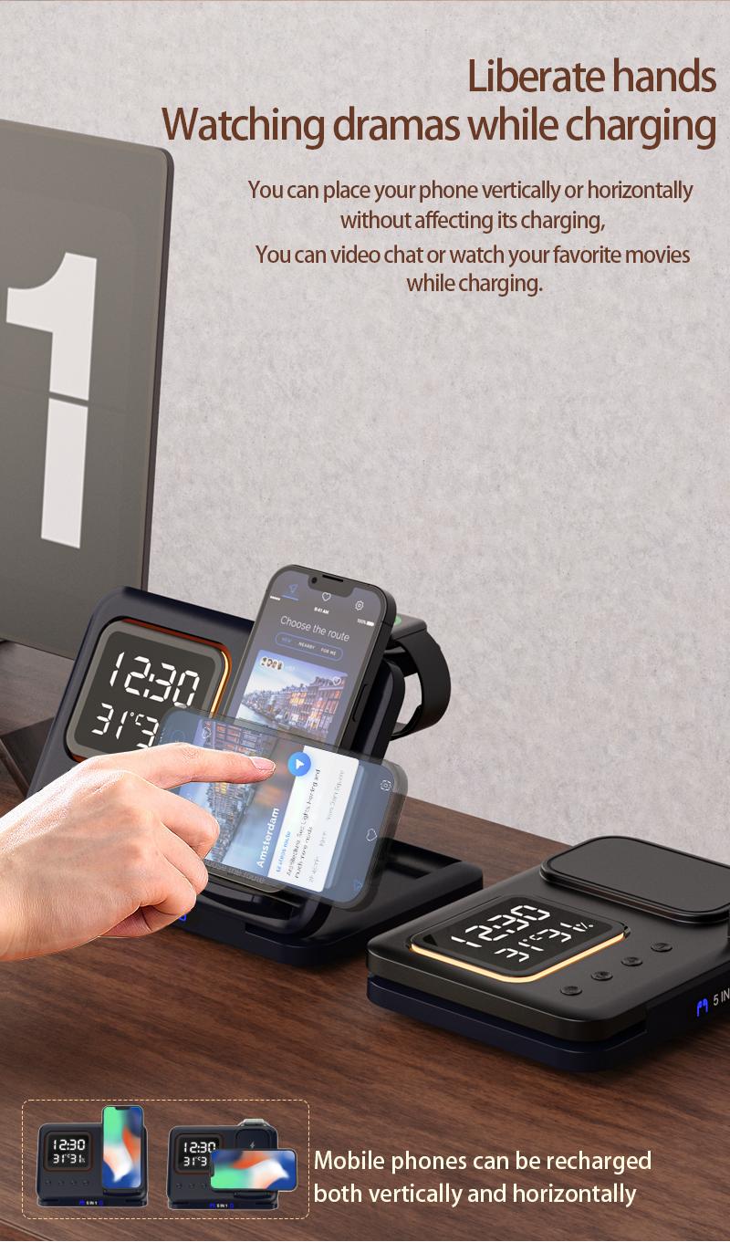Wireless charger with three in one and three levels dimming  multifunctional clock and night light  foldable for use with Apple phone watch stand and base
