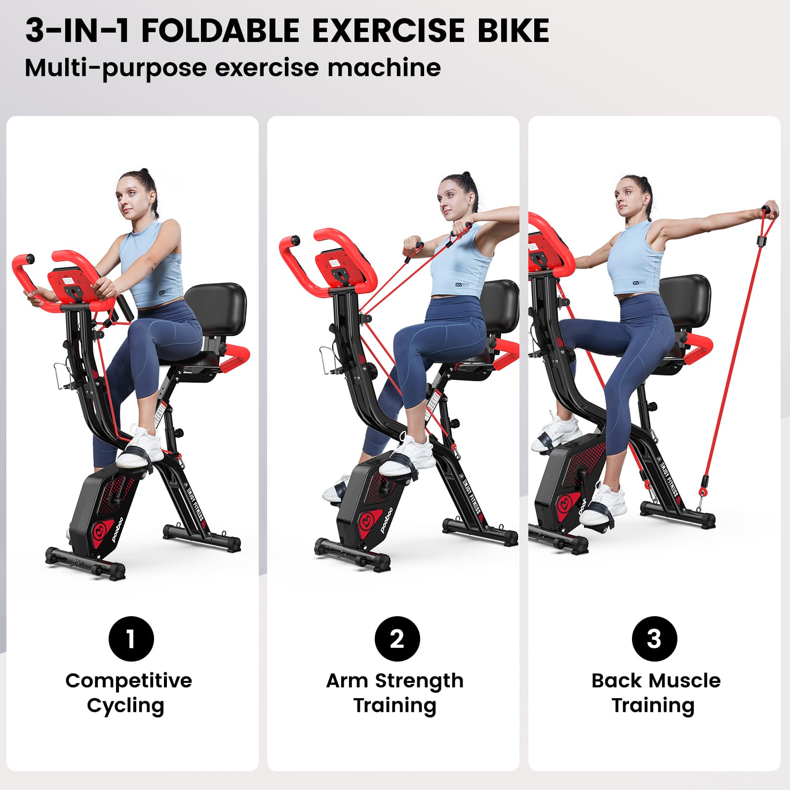 pooboo Foldable Exercise Bike 4-in-1 Indoor Riding Bike, Adjustable Resistance Exercise Cycling, Magnetic Upright X Fitness Cycle Comfort Seat pooboo Foldable Exercise Bike 4-in-1 Indoor Riding Bike, Adjustable Resistance Exercise Cycling, Magnetic Upright X Fitness Cycle Comfort Seat