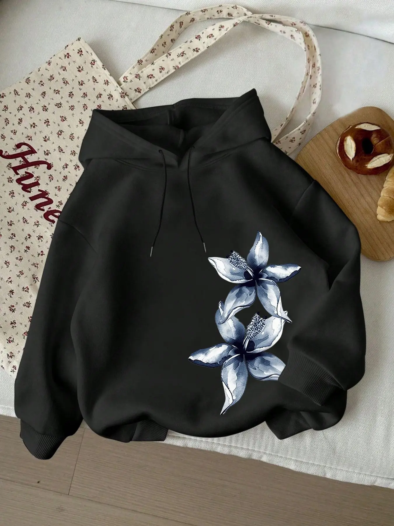 Women's Hooded Sweatshirt, Ink Blue Floral Side Print, Loose Fit, Casual All-Season Top, American Vintage Y2K Streetwear Style