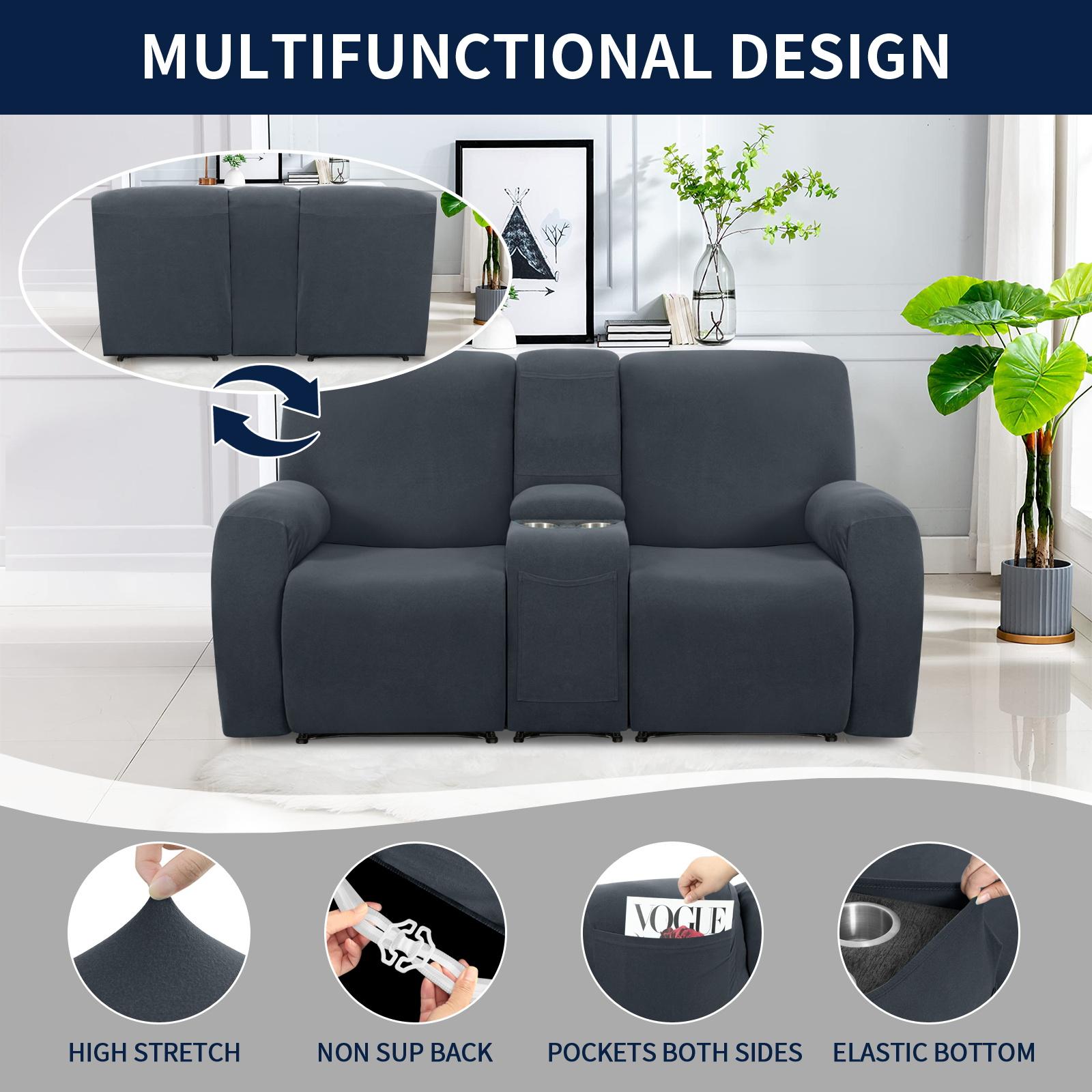 Easy-Going Recliner Loveseat Cover, Cover Only, Cover With Center Console Sofa Slipcover Soft Fitted Fleece 2 Seats Couch with Holder and Storage Washable Furniture Protector