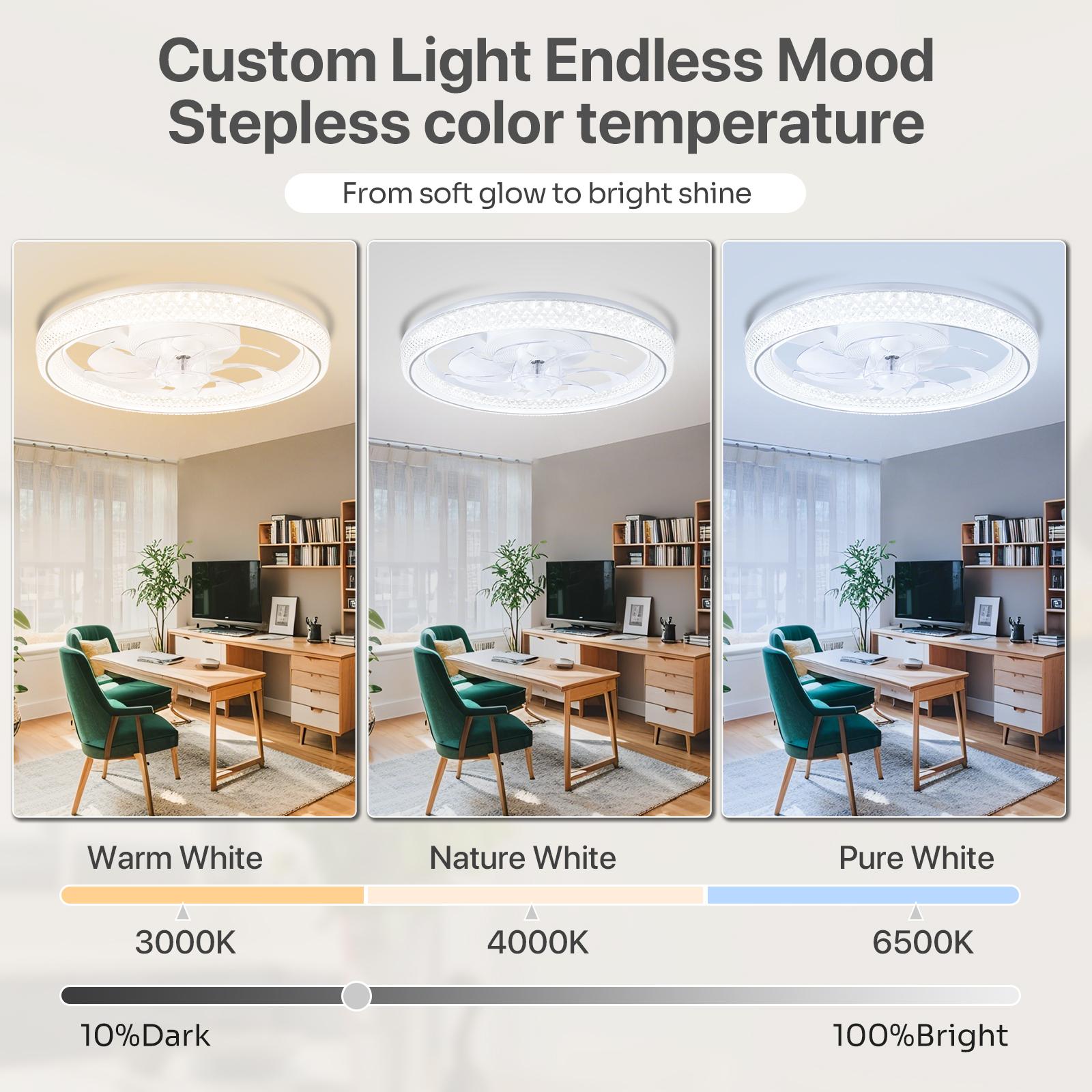 GALENTAL DiamantesSmart Ceiling Fan with Light, 6-Speed Reversible DC Motor, APP/Remote Control, Timer & Stepless Dimming, 3 Color Temperatures (3000K-6500K), 20"-White Crystal for Bedroom, Living Room, Study