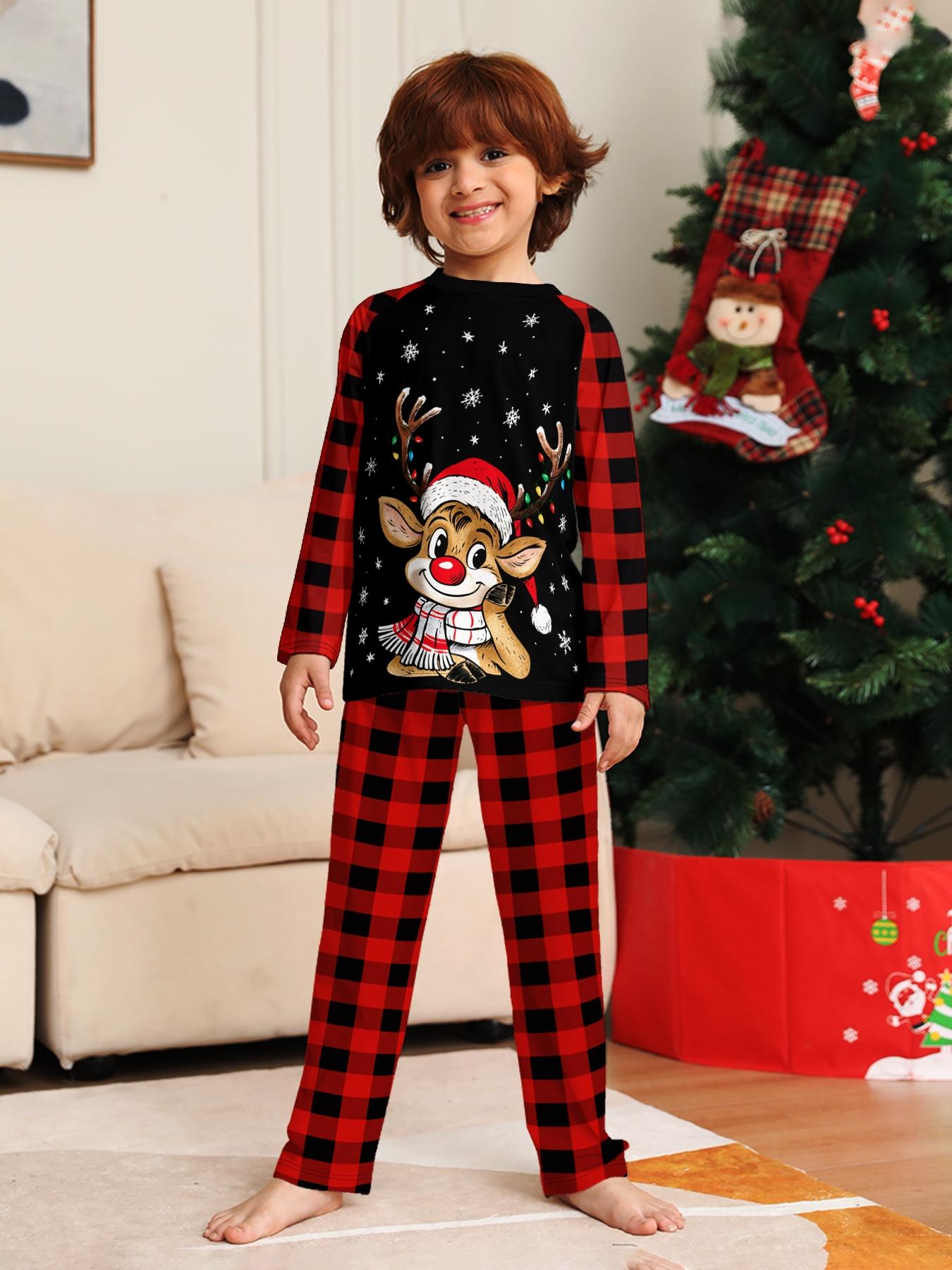 Plaid Reindeer Christmas Pajama Set, Cartoon Deer Print, Soft Long Sleeve Sleepwear, Family Matching, All Seasons