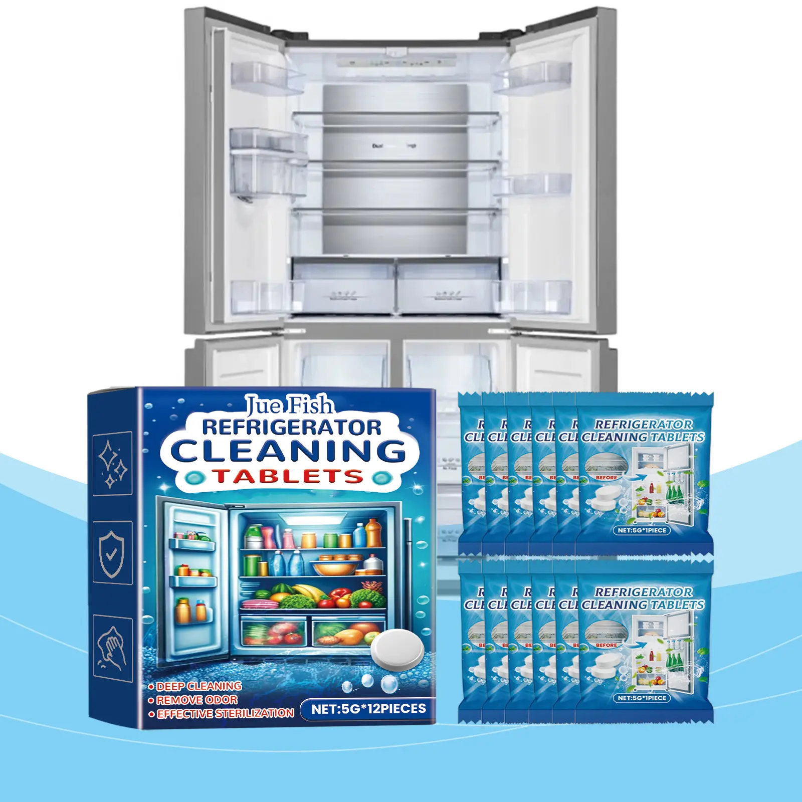 Jue-Fish Refrigerator Cleaning Effervescent Tablet, Kitchen Refrigerator Cleaning Anti-Oil Anti-Odor Multi-Purpose Cleaning Tablet
