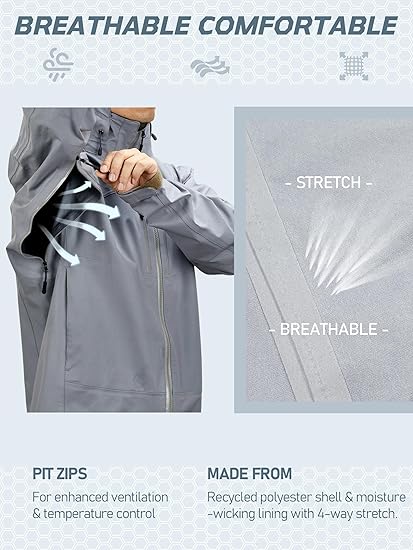 NEW VIEW Lightweight Rain Jackets for Men Waterproof with Hood, Hard Shell Stretch Rain Coat for Outdoor Travel