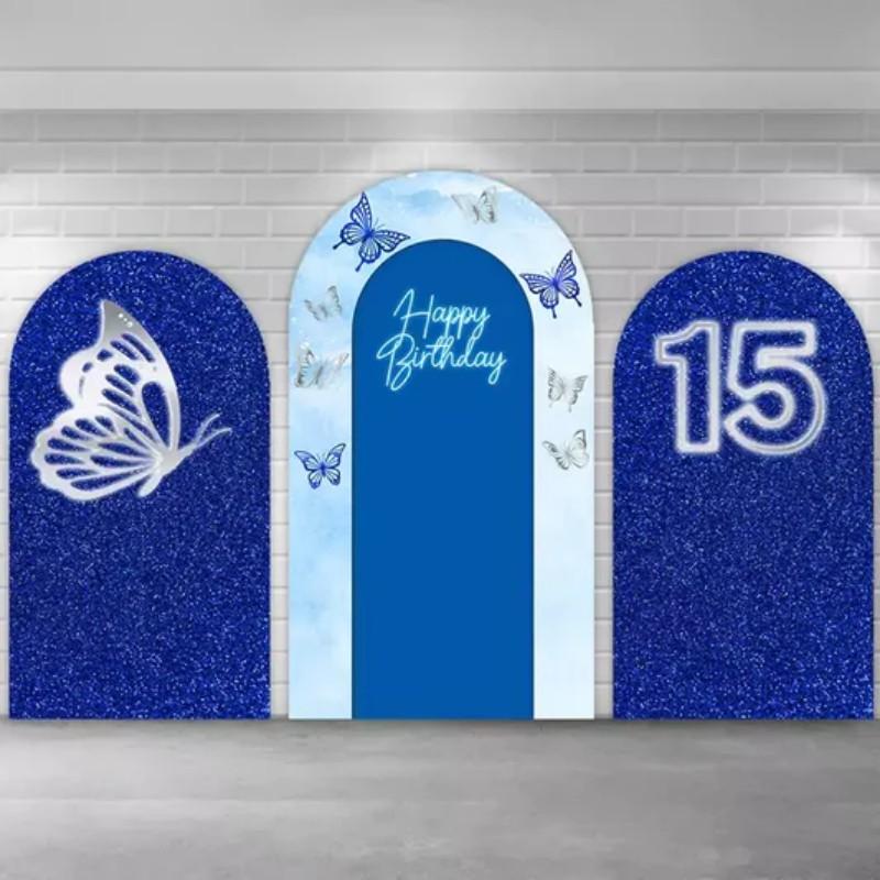 Sparkling Blue 15th Birthday Arch Covers Stretchy Backdrop – Butterfly Theme, Perfect for Quinceanera & Sweet 15 Birthday Party Photo Backdrop