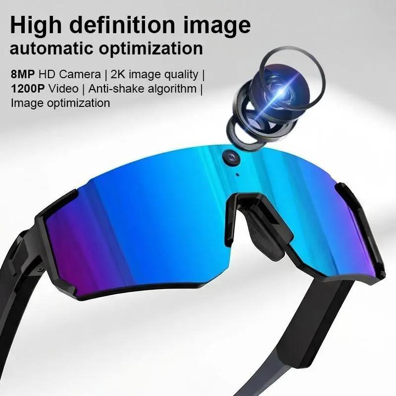 Smart Sports Glasses with Camera, 2K Photo/1200P Video Recording Wearable Glasses, IP54 Waterproof Multifunctional Wireless Audio Bluetooth Glasses with Headphone, Outdoor Sports Polarized Sunglasses with AI Voice Assistant, UV Protection Eyeglass