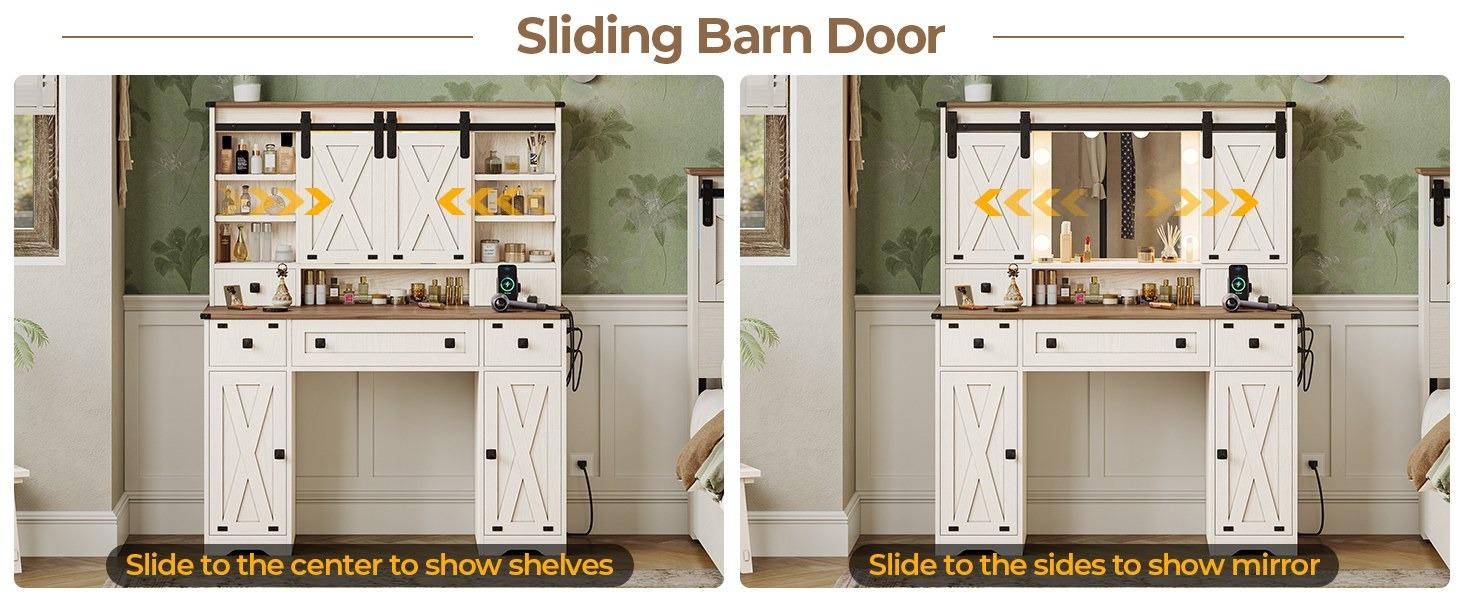 Sikaic Farmhouse Makeup Vanity Desk Mirror With Sliding Barn Door 3 Lighting Modes Adjustable And Charging Station White Furniture Bedroom Storage Drawer Modern Wood Dresser