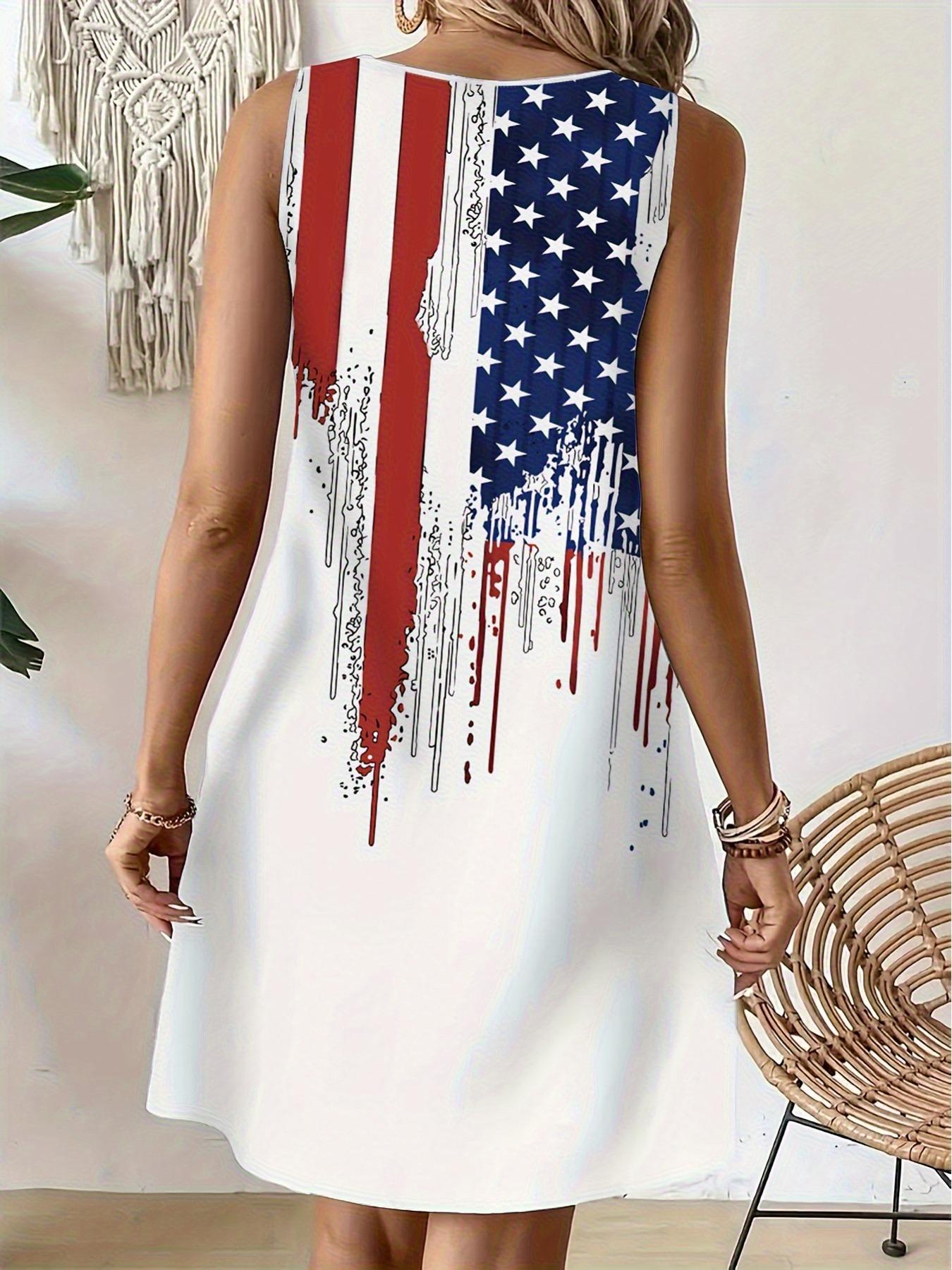 Women's sleeveless A-line dress featuring a U.S. flag print, perfect for celebrating Independence Day