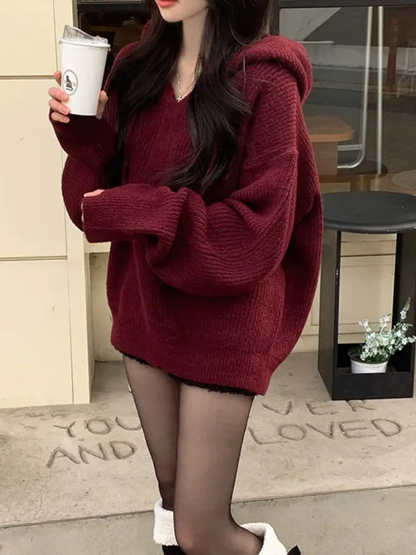 New Fashion Korean Style Hooded Long Sleeve Solid Color Women's Knit Sweater, Loose Fit Casual Knit Top, Office Wear, Christmas