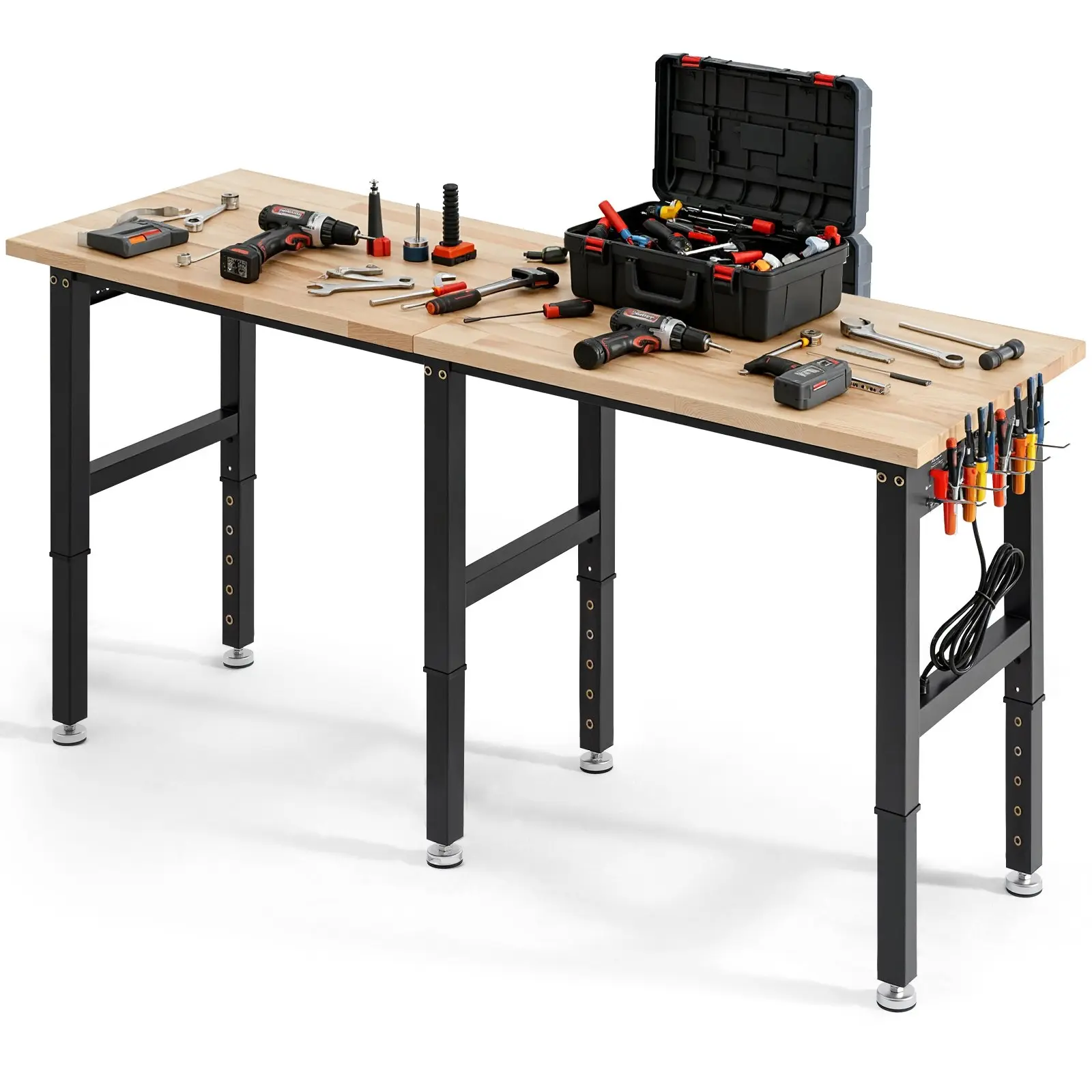 VEVOR Height-Adjustable Heavy-Duty Workbench, 5000lb Capacity, 72x24in Oak Wood Top Workstation with 4 AC/USB Plugs, for Garage, Workshop