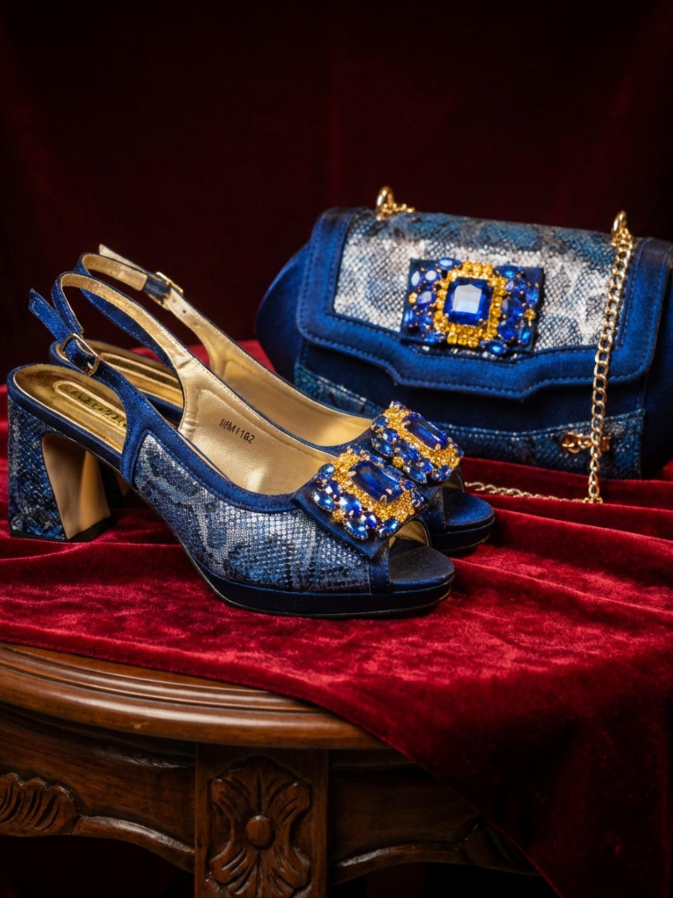 2026 New Designer Fashion Open-Toe High Heels, Elegant Party Olive Color Diamond Decorated Slip-On Shoes, Italian Shoe Bag Set