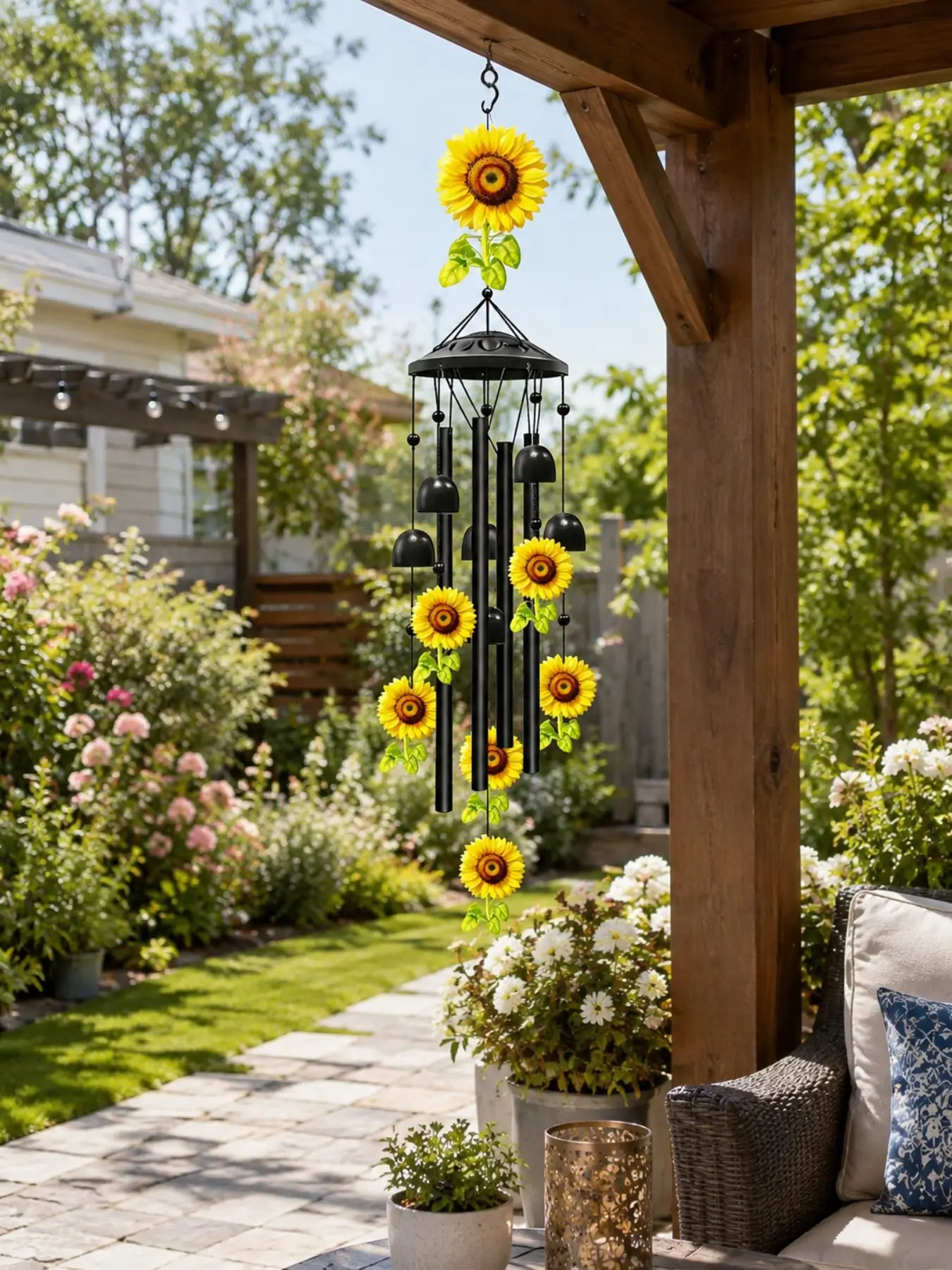 Outdoor Sunflower Wind Chime, Sunflower Design, 36-Inch Aluminum, Home Garden Patio Decorative Decoration, Birthday and Women's Memorial Gift