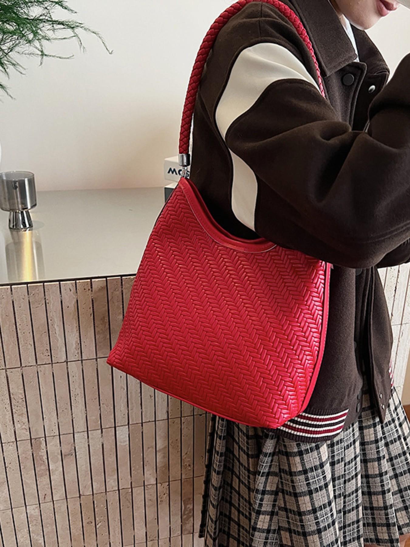 New Minimalist Woven Bucket Bag, Large Capacity Casual Lazy Style Shoulder Tote, Trendy Fashion Accessory for Everyday Use