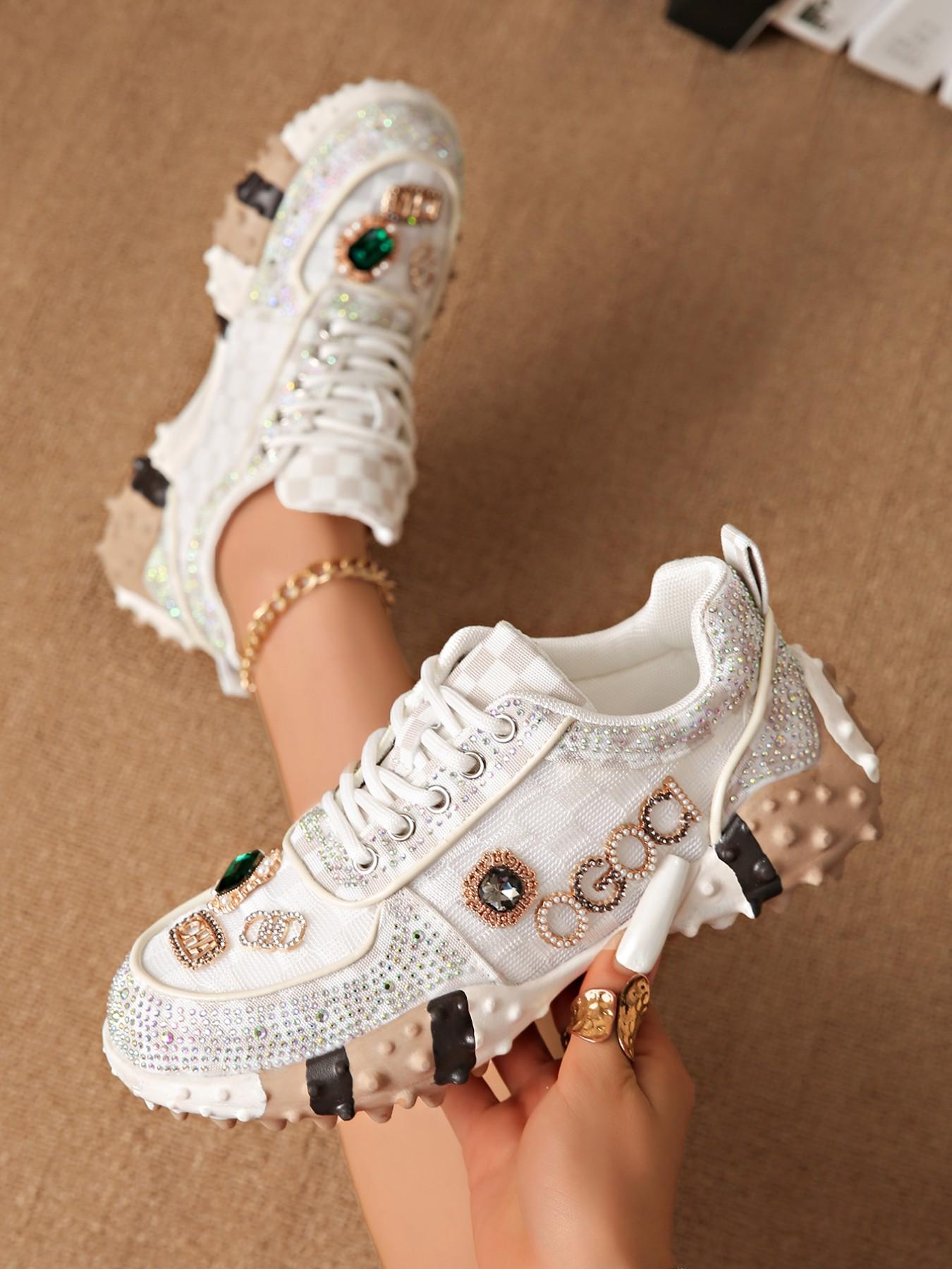 Women's Thick Sole Height Increasing Dad Shoes, Handmade Embellished Fashion Luxury Casual Women's Shoes, Unique Design Comfortable Sneakers