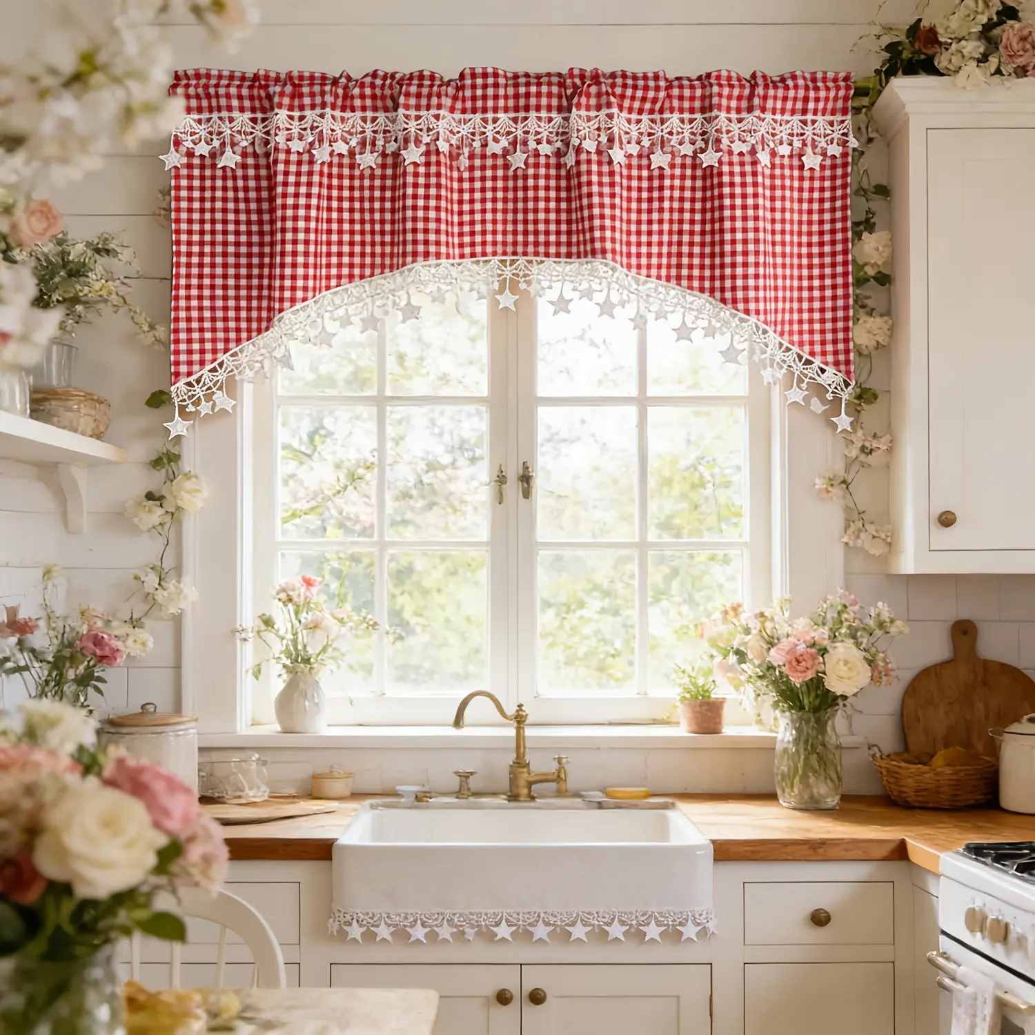 1pc Modern Red Lattice Pattern Lace Stars Arched Swag Curtain for Small Window Kitchen Drape Study Cafe Entrance Home Decoration