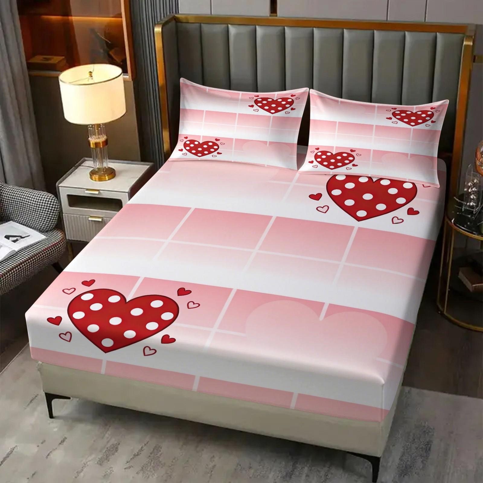 Valentine'S Day Themed Sweet Pink Gradient Plaid Pattern Bedding Set, 3-Piece Set With Red Polka Dot Heart-shaped Print Fitted Sheet Set, Perfect for A Romantic Girl'S Bedroom Decor. Includes 1 Fitted Sheet and 2 Pillowcases.