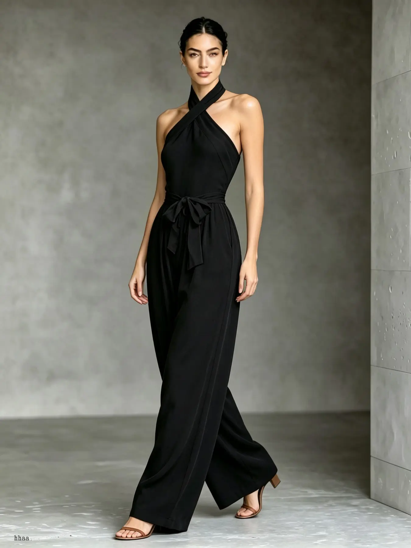Women's Elegant Cross-Back Halter Neck Jumpsuit, Slim-Fit Wide-Leg Pants with Waist Belt, Side Pockets, Lightweight Breathable Casual Home Wear, Loungewear, Vacation Sleepwear