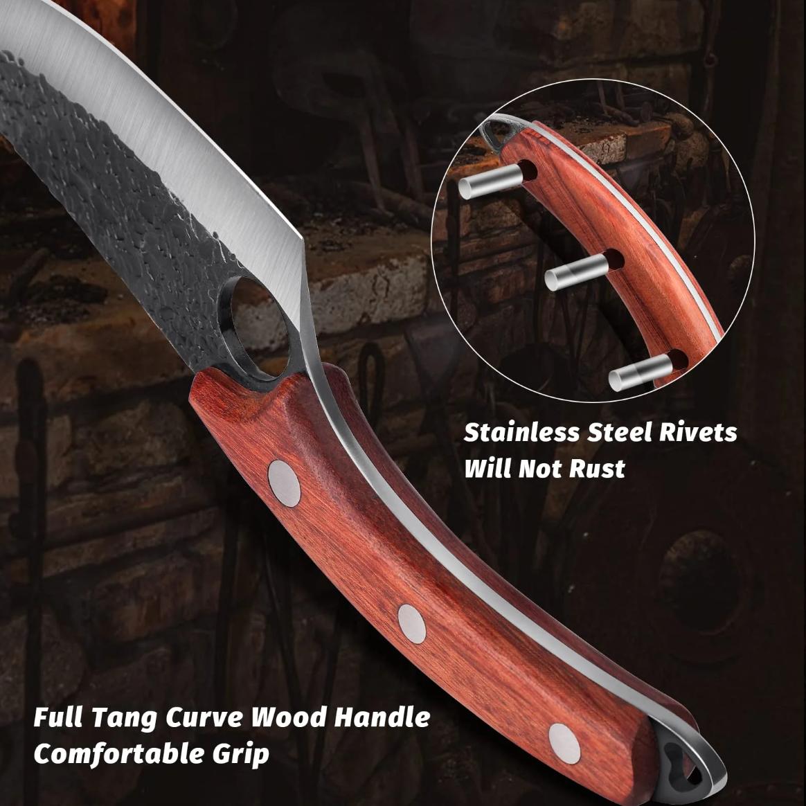 Viking Knife Hand Forged with Sheath KnifeSharpener High Carbon Steel Meat Knife forCamping, Outdoor, Deboning, BBQ, Best Gift Home Black Cutting Heavy Duty