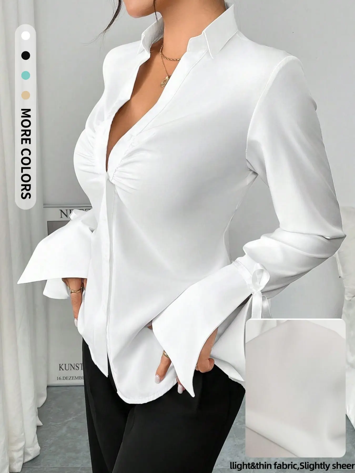 Elegant Women's Pleated Ribbon Fashion Casual Plain Shirt, Spring & Fall Bow Tie Lacing Simple Commute Top, Long Sleeve Loose Fit
