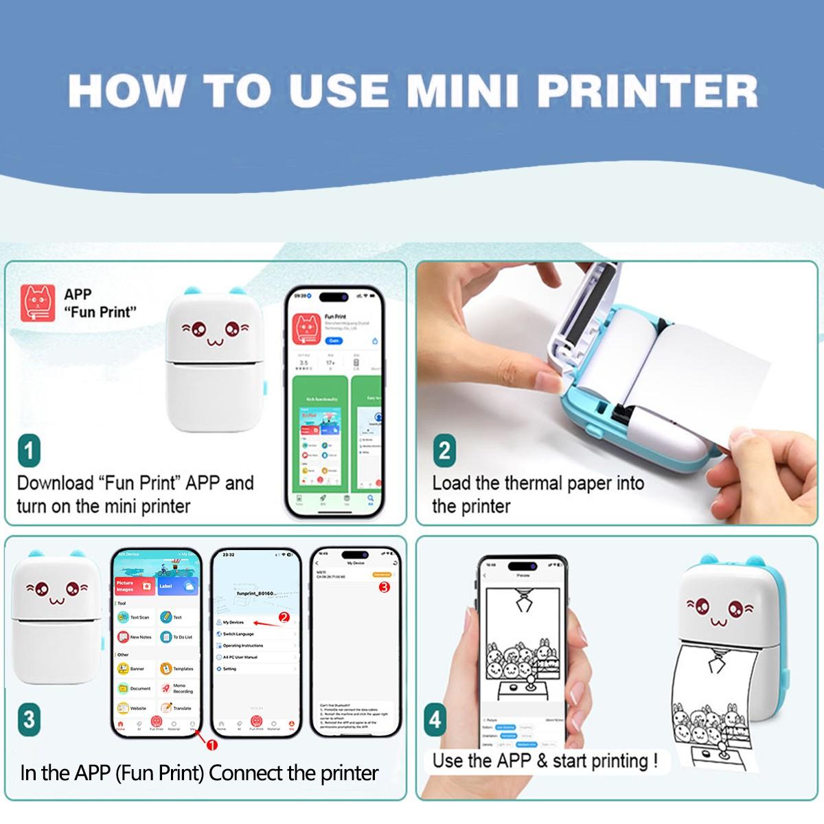 Wireless Mini Printer, Thermal Inkless Sticker Maker, Includes 6 Rolls of Paper, Ideal for Notes, Photos, Lists, School, Office, Home DIY Gifts